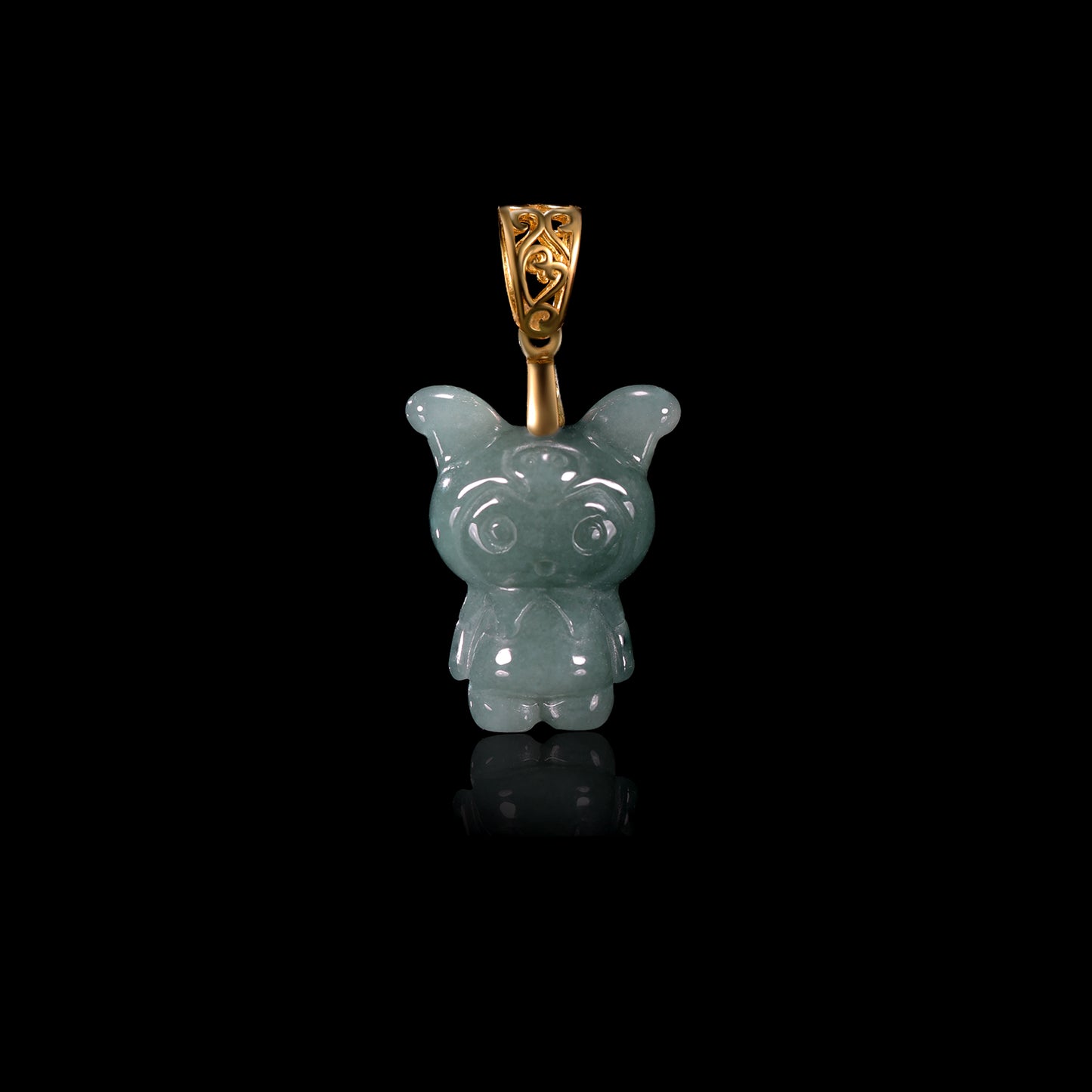 Natural Icy Grey-Blue Jadeite Cartoon Puppy Pendant | Full 3D Sitting Dog | 18K Gold Filigree Bail - Grade A Natural Jade Jewelry