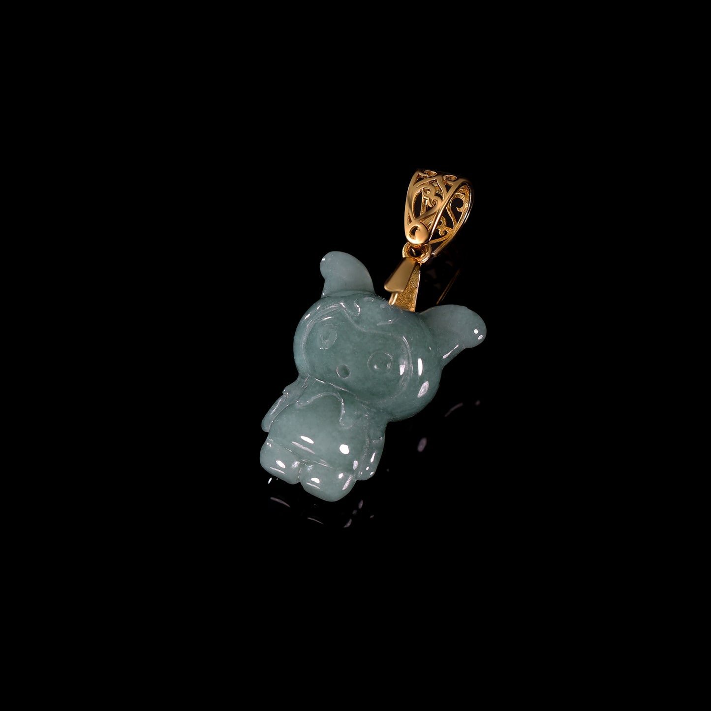 Natural Icy Grey-Blue Jadeite Cartoon Puppy Pendant | Full 3D Sitting Dog | 18K Gold Filigree Bail - Grade A Natural Jade Jewelry