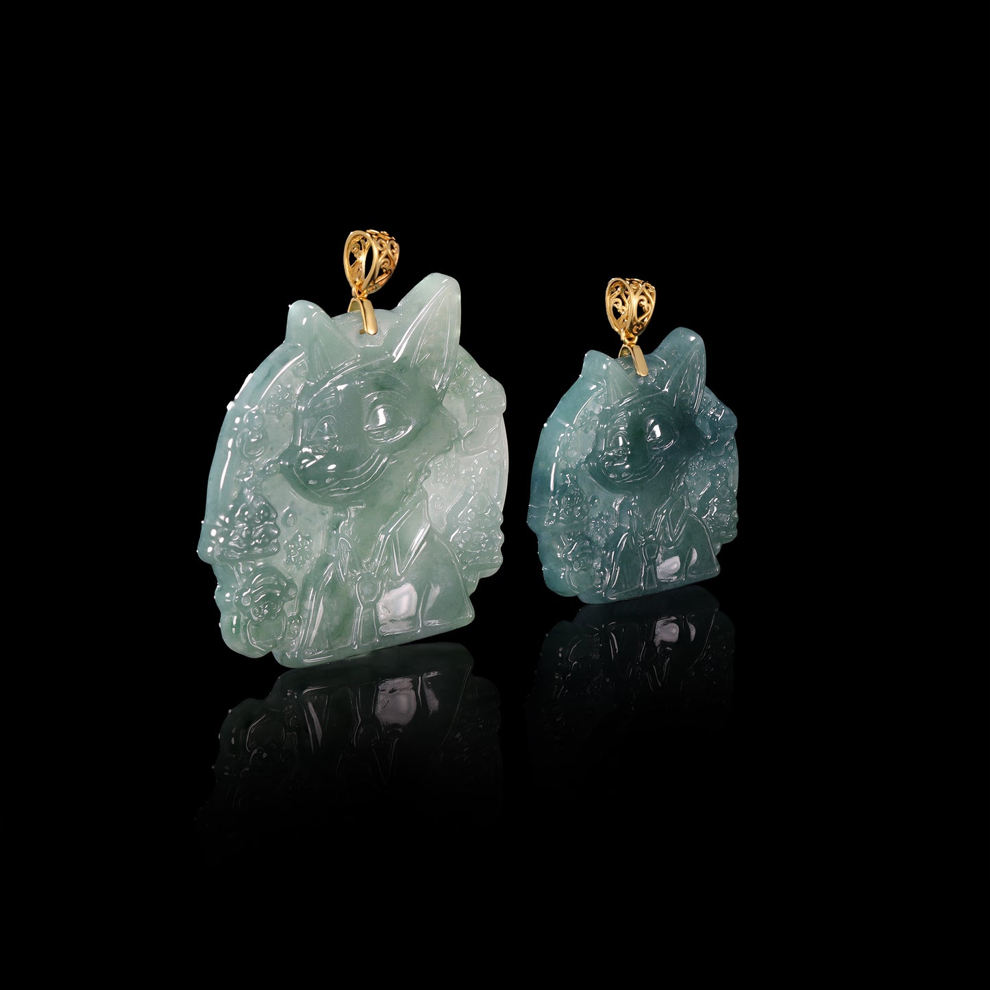 Natural Icy Jadeite Cartoon Cat Face Pendant | Full Relief Carving | 18K Gold Filigree Bail | Two Sizes - Grade A Natural Jade Jewelry