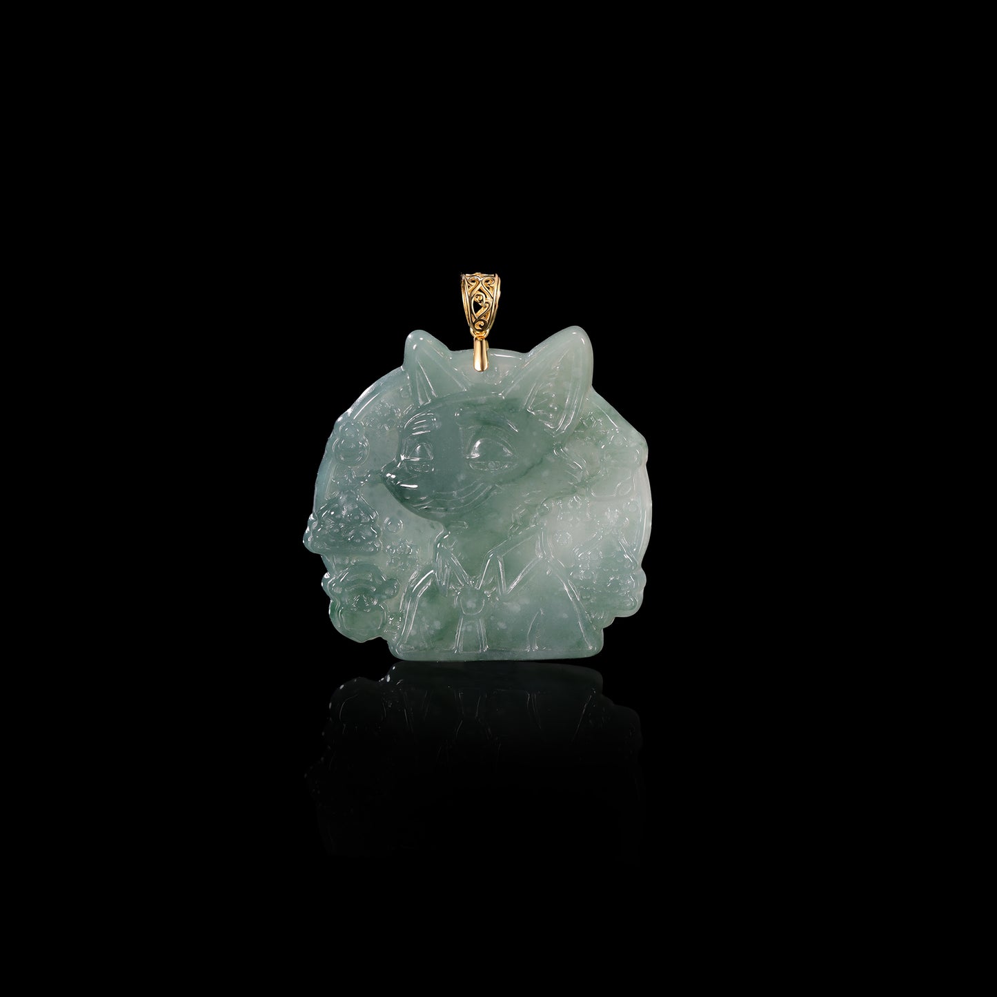 Natural Icy Jadeite Cartoon Cat Face Pendant | Full Relief Carving | 18K Gold Filigree Bail | Two Sizes - Grade A Natural Jade Jewelry