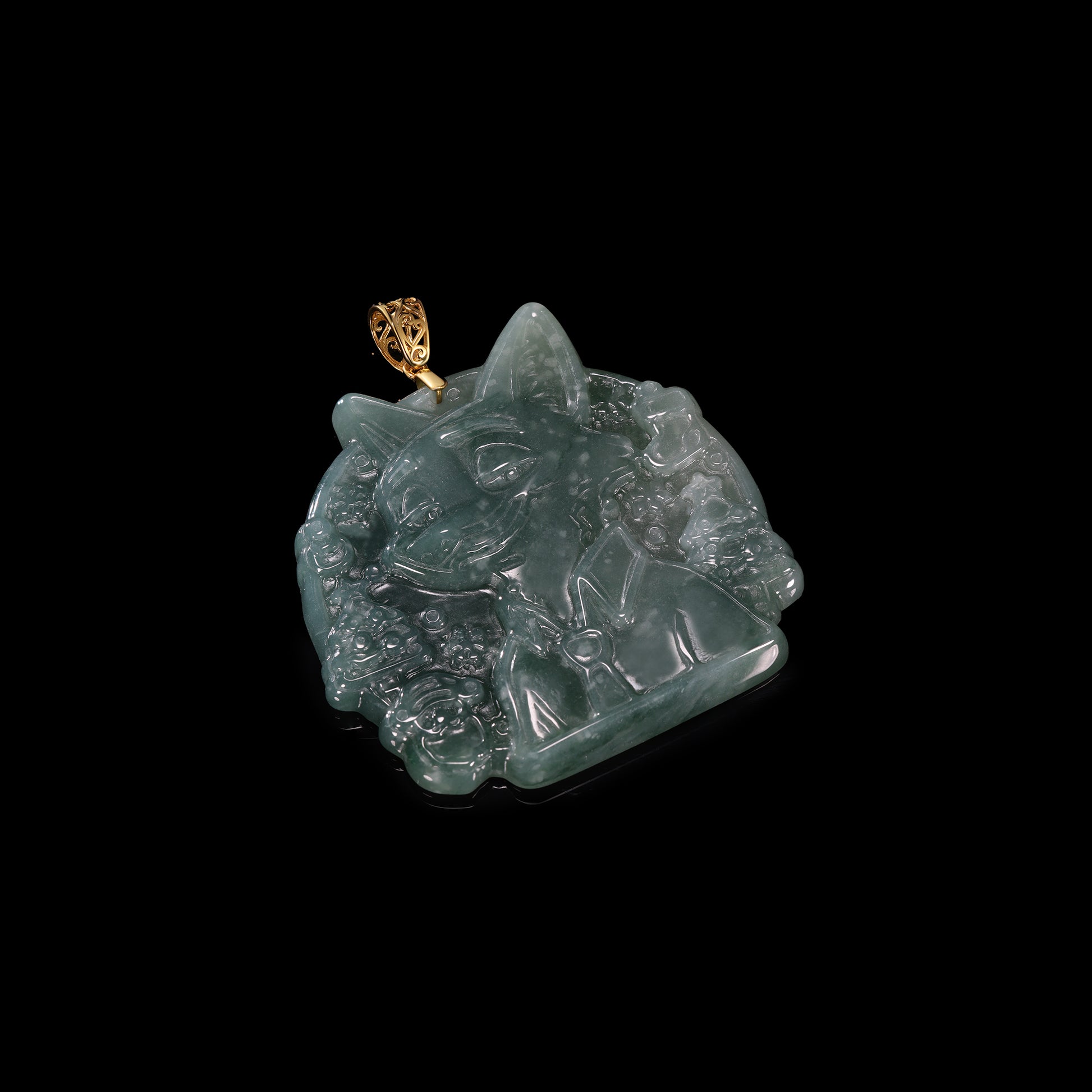 Natural Icy Jadeite Cartoon Cat Face Pendant | Full Relief Carving | 18K Gold Filigree Bail | Two Sizes - Grade A Natural Jade Jewelry