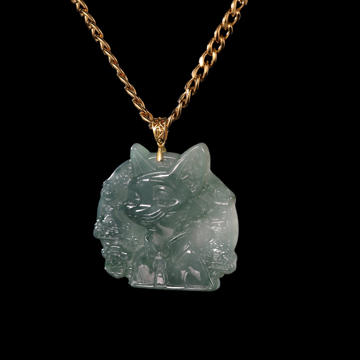 Natural Icy Jadeite Cartoon Cat Face Pendant | Full Relief Carving | 18K Gold Filigree Bail | Two Sizes - Grade A Natural Jade Jewelry