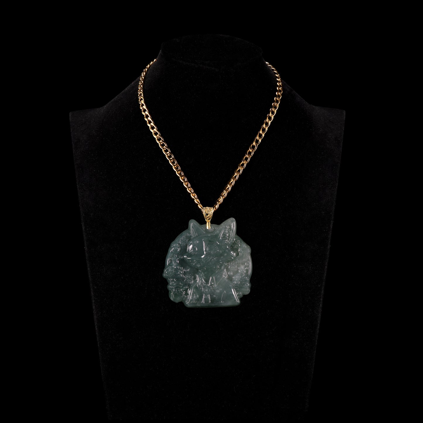 Natural Icy Jadeite Cartoon Cat Face Pendant | Full Relief Carving | 18K Gold Filigree Bail | Two Sizes - Grade A Natural Jade Jewelry
