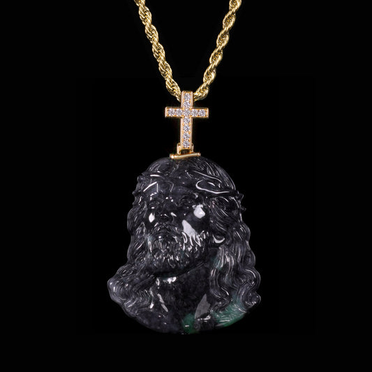Natural Black Jadeite Jesus Head Pendant | Diamond Cross Bail - Certified Grade A jade pendant from Jadelume