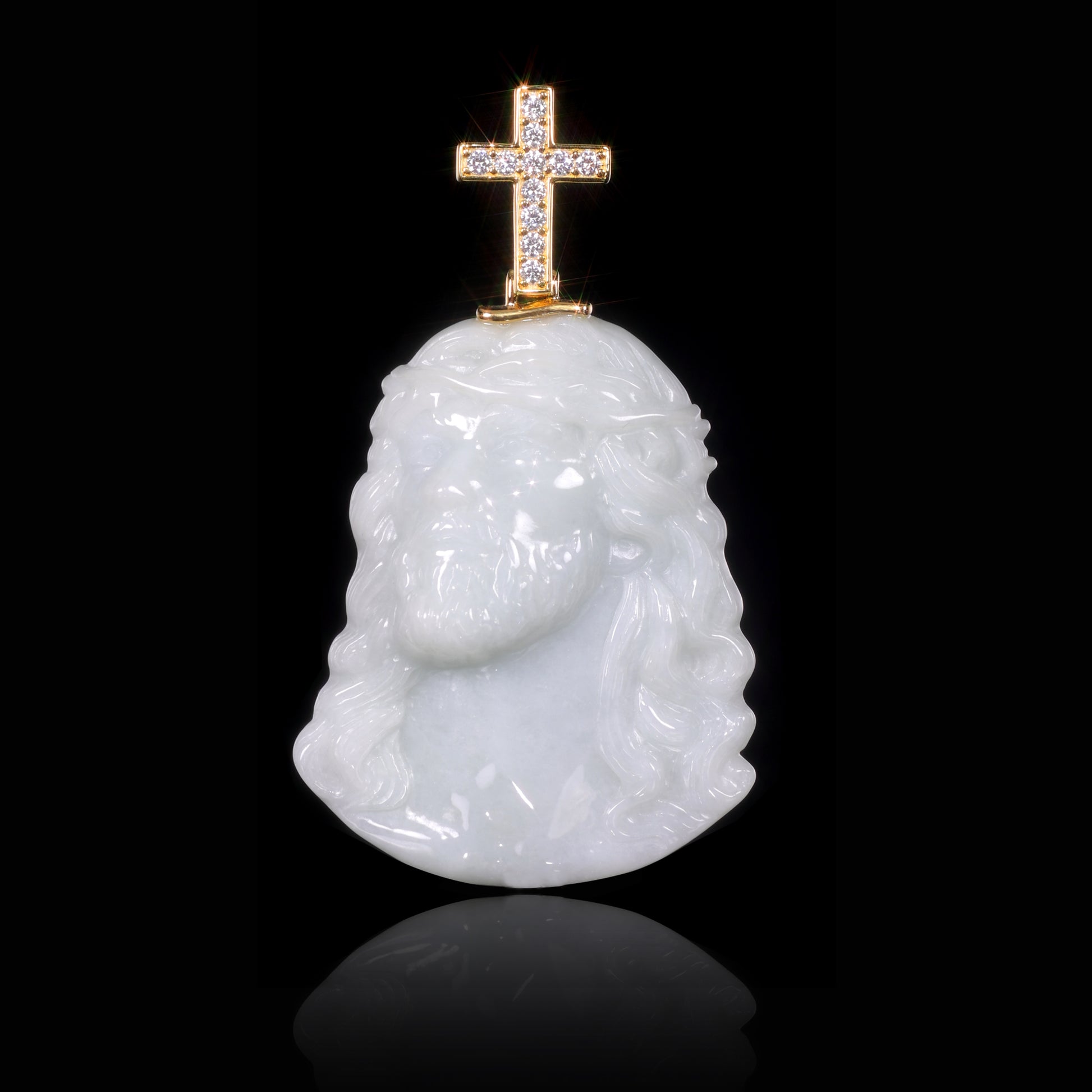Natural White Jadeite Jesus Head Pendant | Diamond Cross Bail S925 - Certified Grade A jade pendant from Jadelume