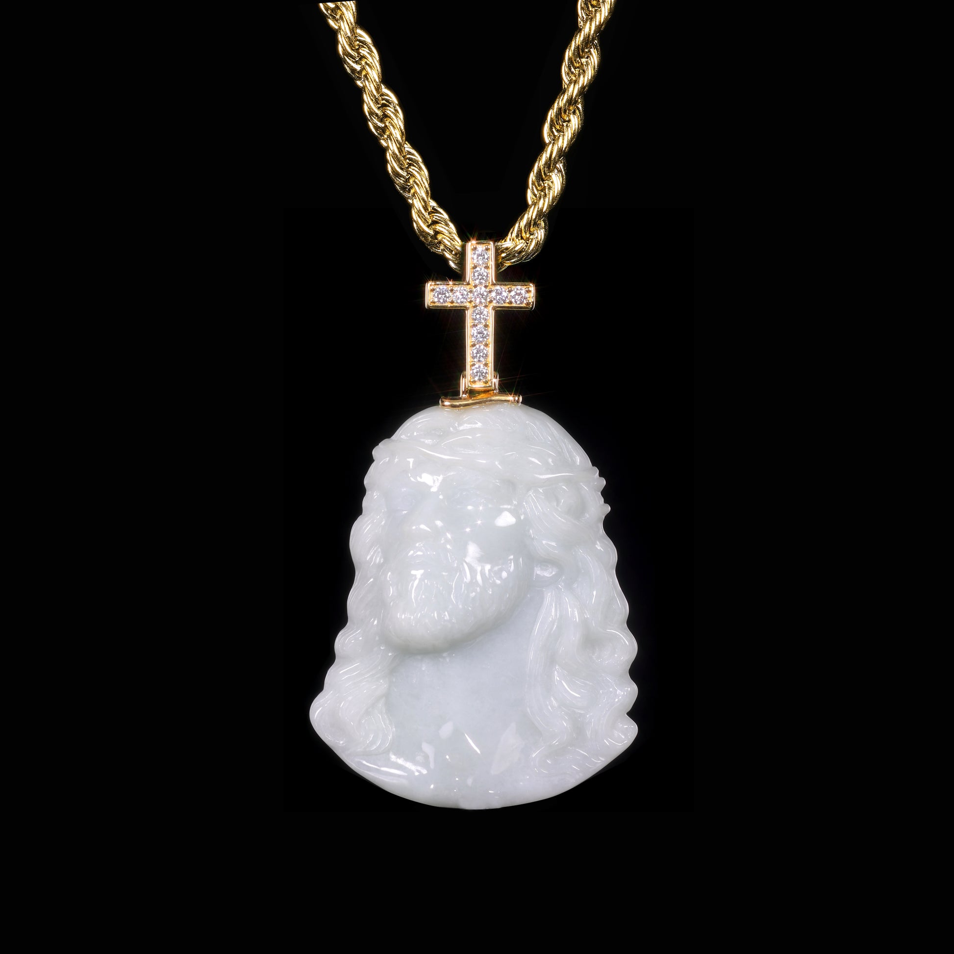 Natural White Jadeite Jesus Head Pendant | Diamond Cross Bail S925 - Grade A Natural Jade Jewelry