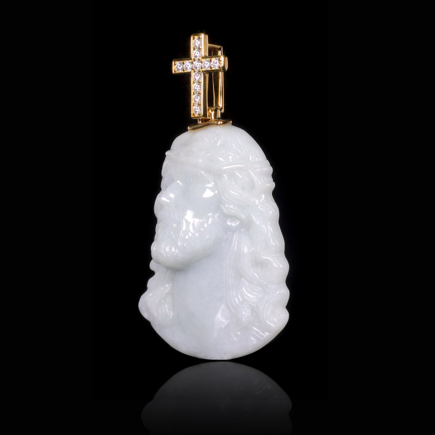 Natural White Jadeite Jesus Head Pendant | Diamond Cross Bail S925 - Grade A Natural Jade Jewelry