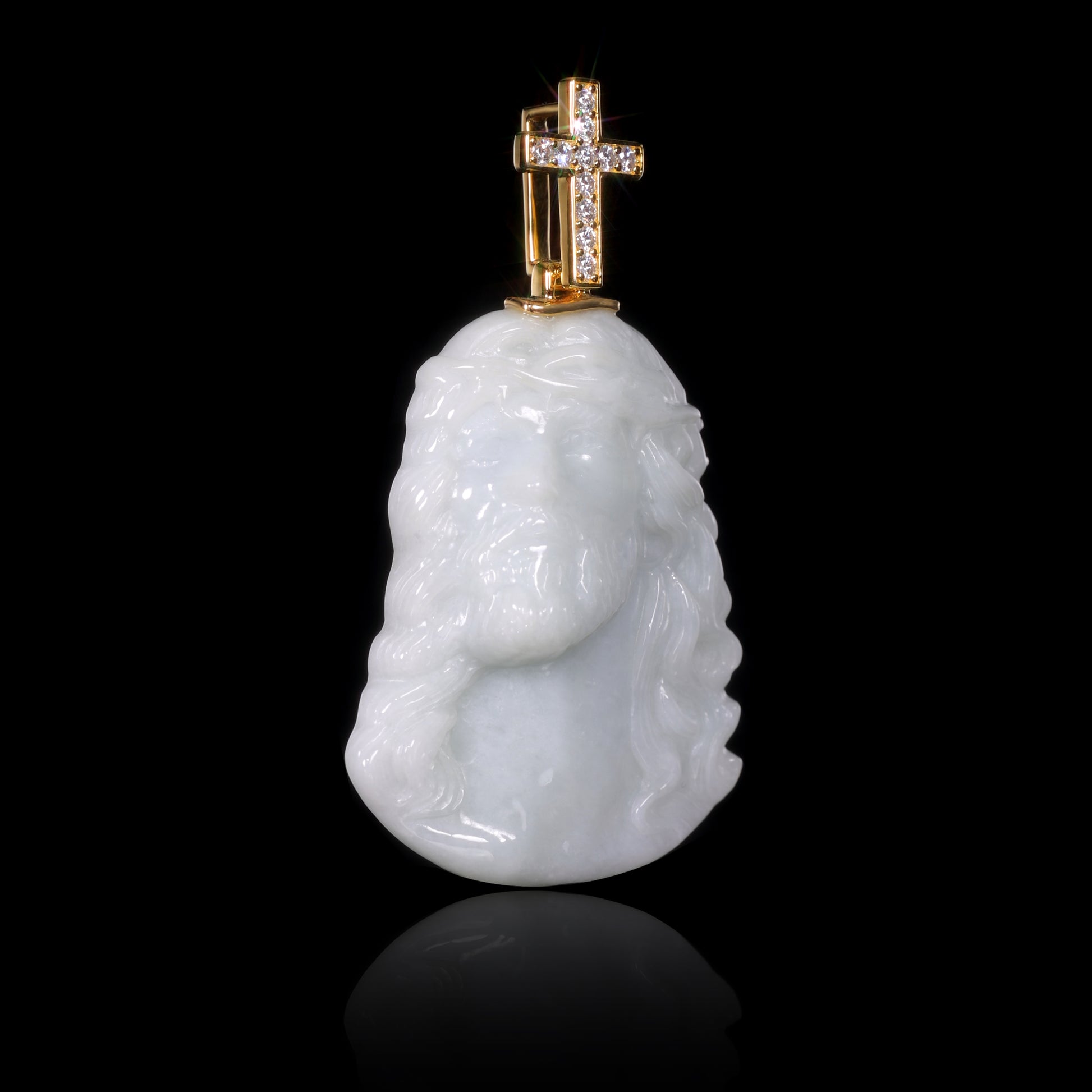 Natural White Jadeite Jesus Head Pendant | Diamond Cross Bail S925 - Grade A Natural Jade Jewelry