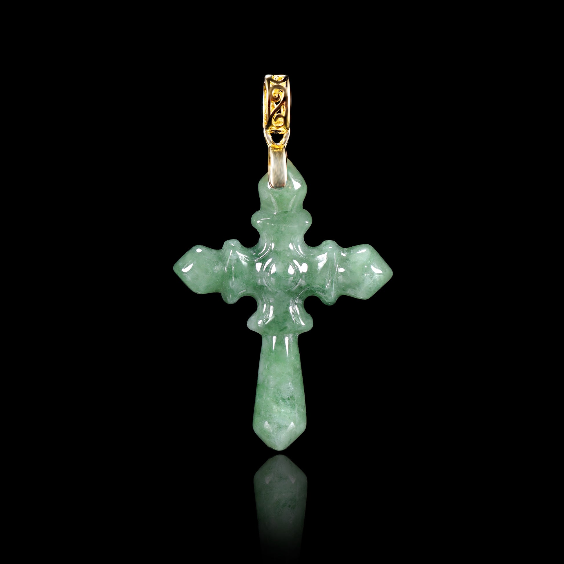 Natural Jadeite Gothic Cross Pendant | S925 Gold Filigree Bail - Certified Grade A jade pendant from Jadelume