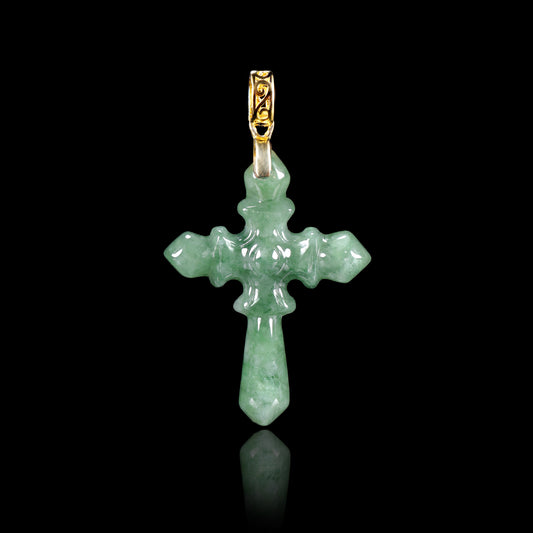 Natural Jadeite Gothic Cross Pendant | S925 Gold Filigree Bail - Certified Grade A jade pendant from Jadelume