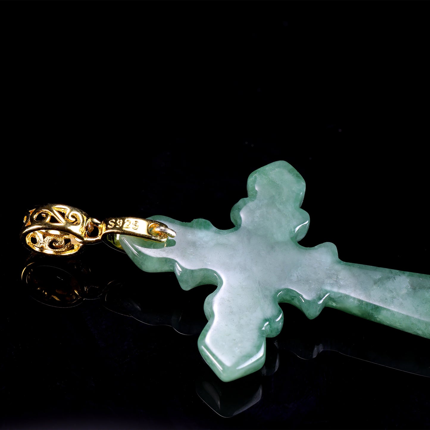 Natural Jadeite Gothic Cross Pendant | S925 Gold Filigree Bail - Grade A Natural Jade Jewelry