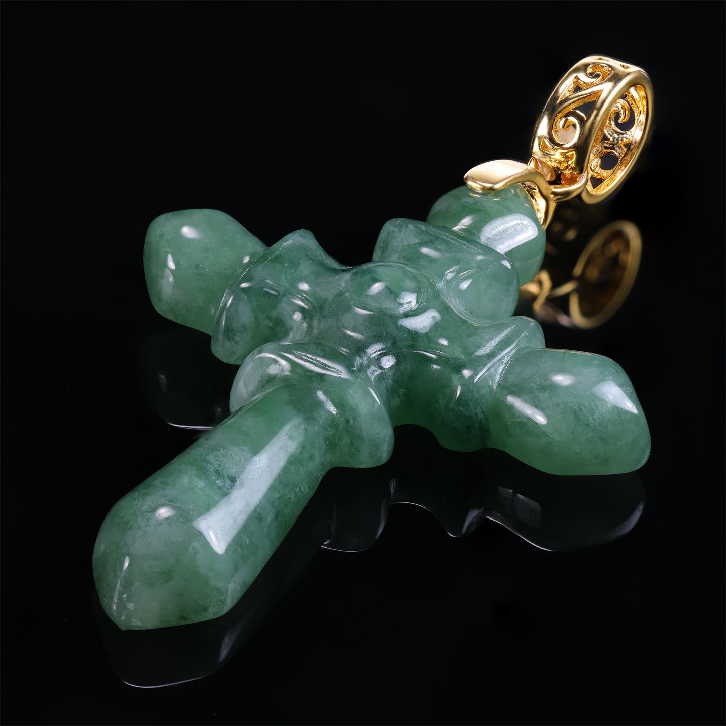 Natural Jadeite Gothic Cross Pendant | S925 Gold Filigree Bail - Grade A Natural Jade Jewelry