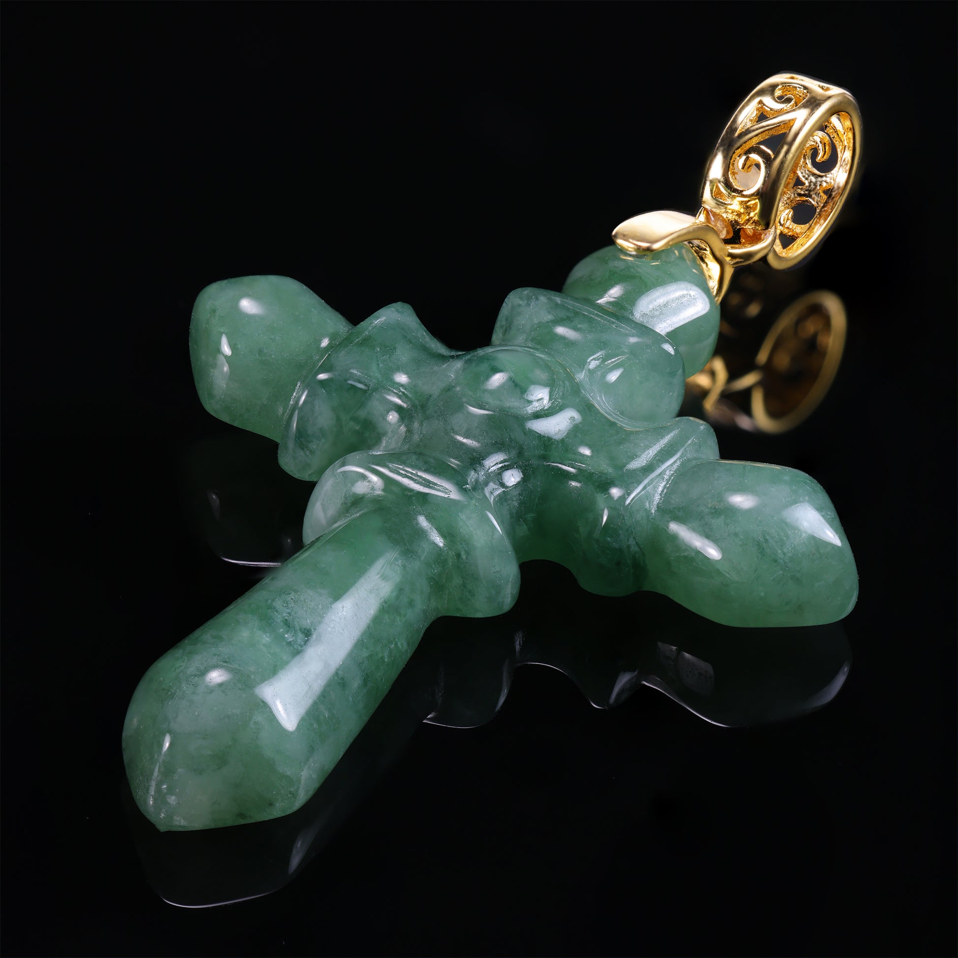 Natural Jadeite Gothic Cross Pendant | S925 Gold Filigree Bail - Grade A Natural Jade Jewelry