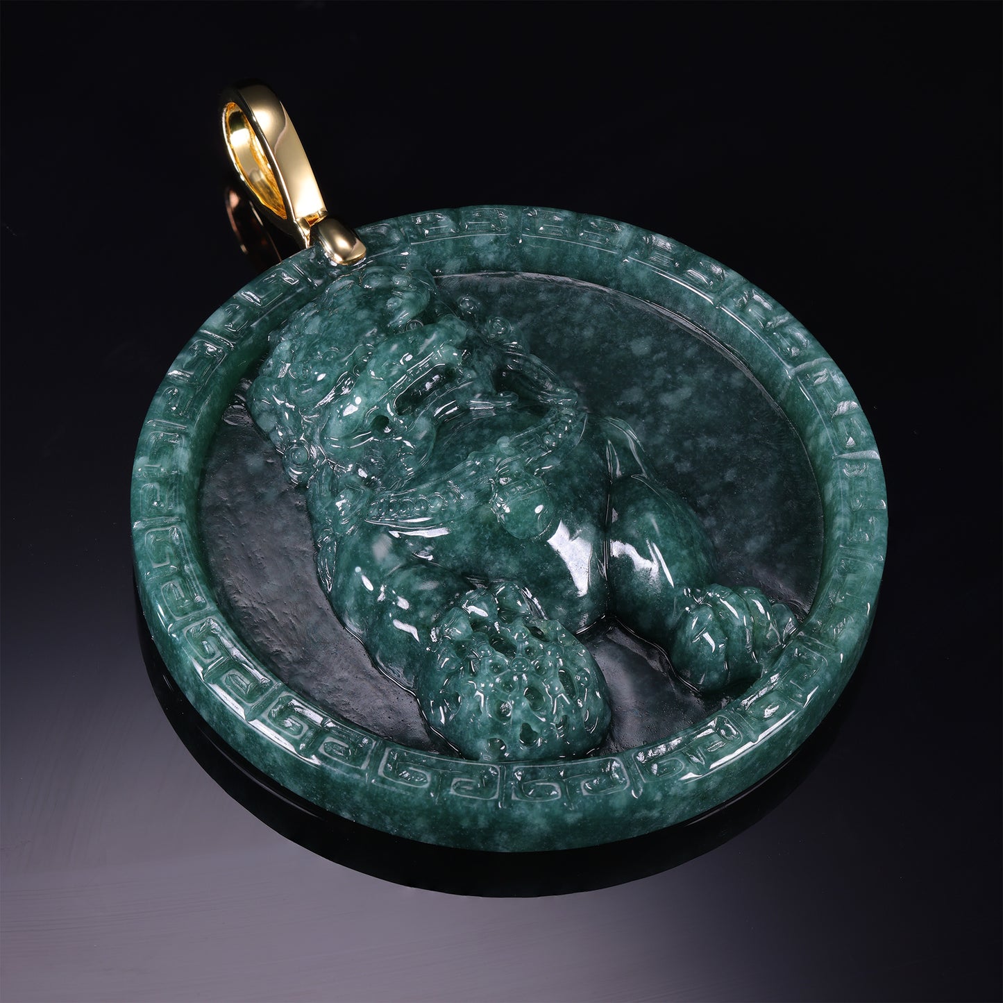 Natural Dark Green Jadeite Pixiu Round Disc Pendant | S925 Gold Bail - Grade A Natural Jade Jewelry