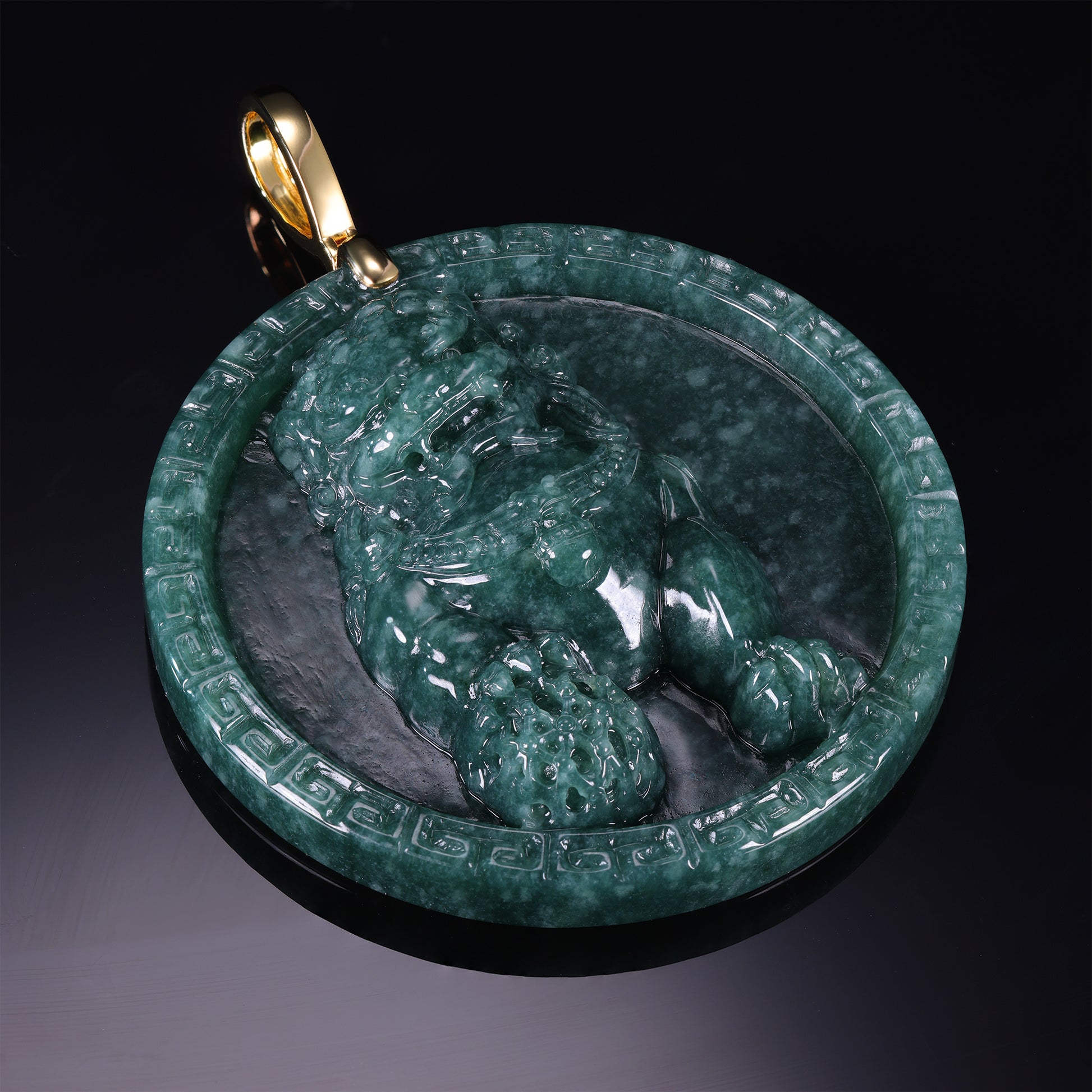 Natural Dark Green Jadeite Pixiu Round Disc Pendant | S925 Gold Bail - Grade A Natural Jade Jewelry