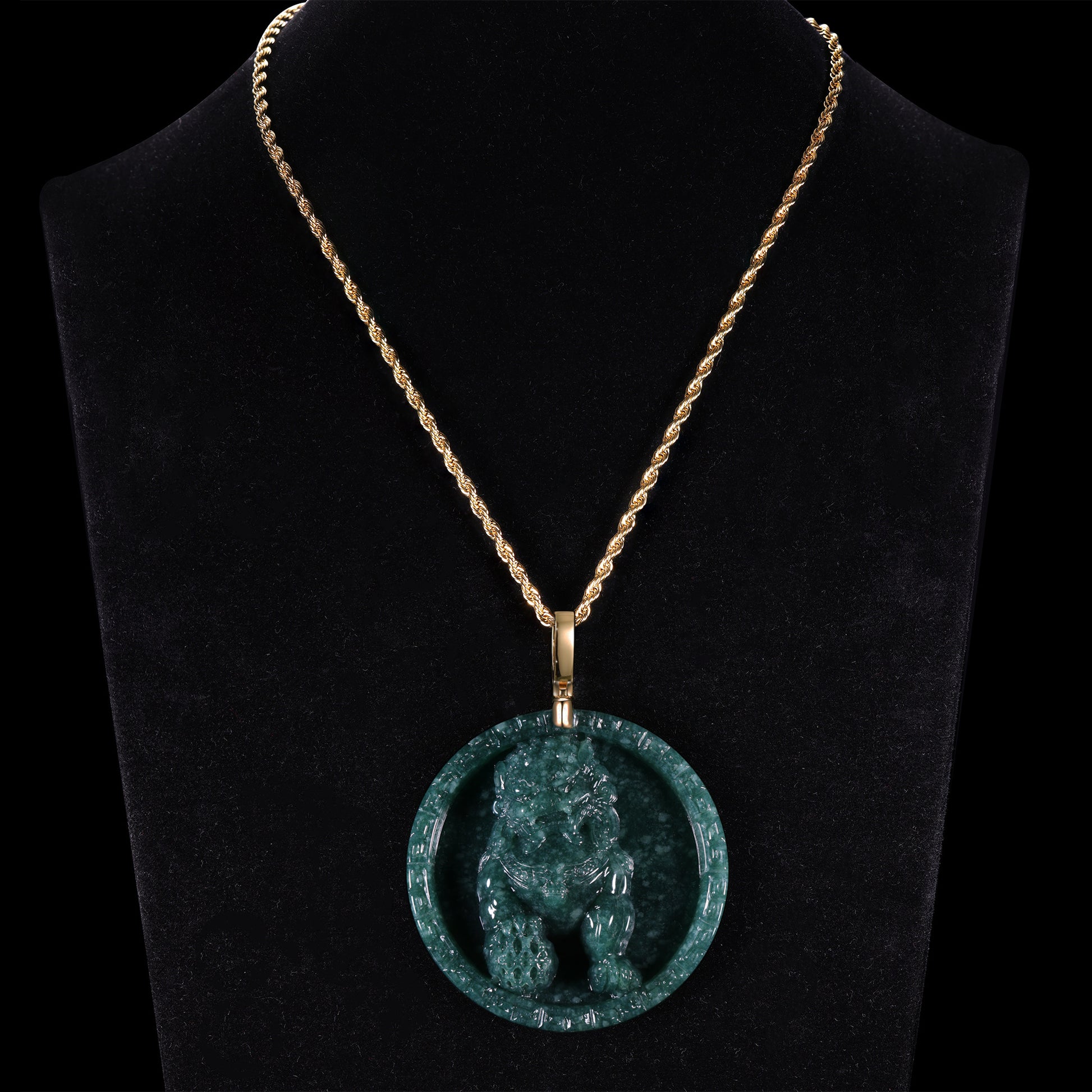 Natural Dark Green Jadeite Pixiu Round Disc Pendant | S925 Gold Bail - Grade A Natural Jade Jewelry