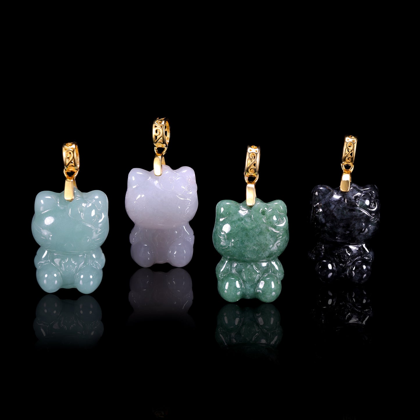 Natural Jadeite Cute Cat Pendant | Multi-Color | S925 Gold Filigree Bail - Certified Grade A jade pendant from Jadelume