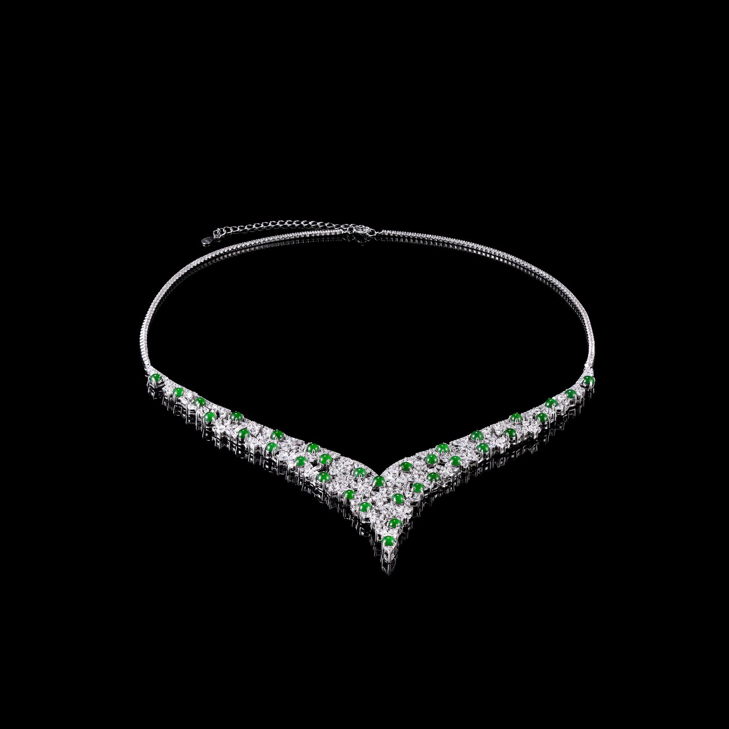 Natural Jade Cabochon & Diamond Floral V-Necklace - Certified Grade A jade necklace from Jadelume
