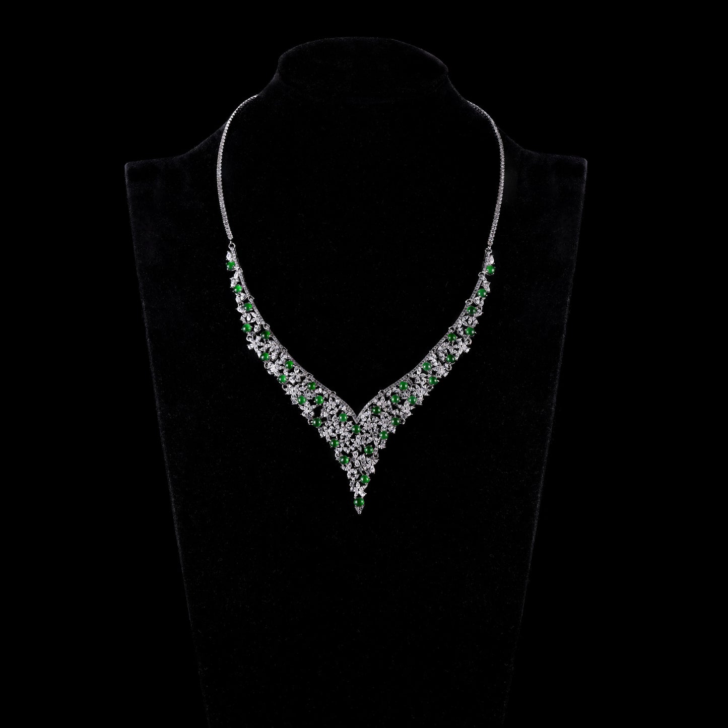 Natural Jade Cabochon & Diamond Floral V-Necklace - Grade A Natural Jade Jewelry
