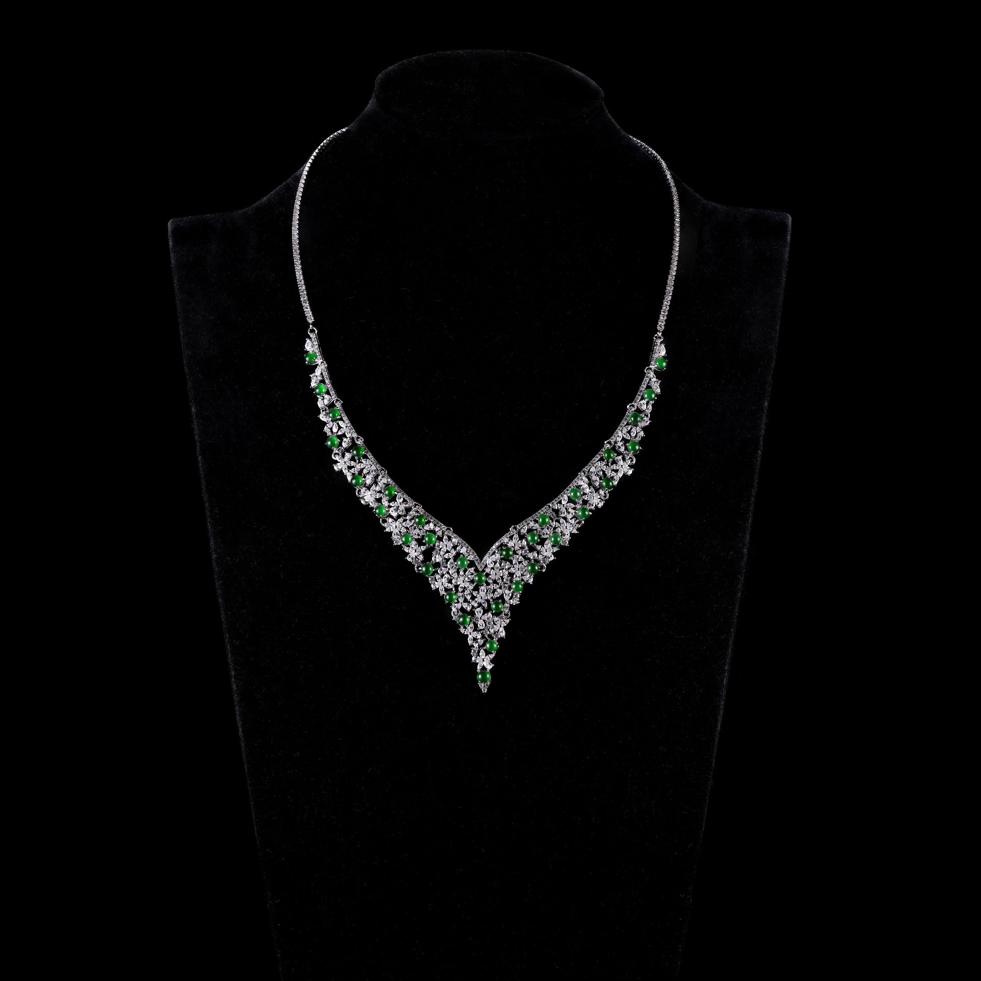 Natural Jade Cabochon & Diamond Floral V-Necklace - Grade A Natural Jade Jewelry