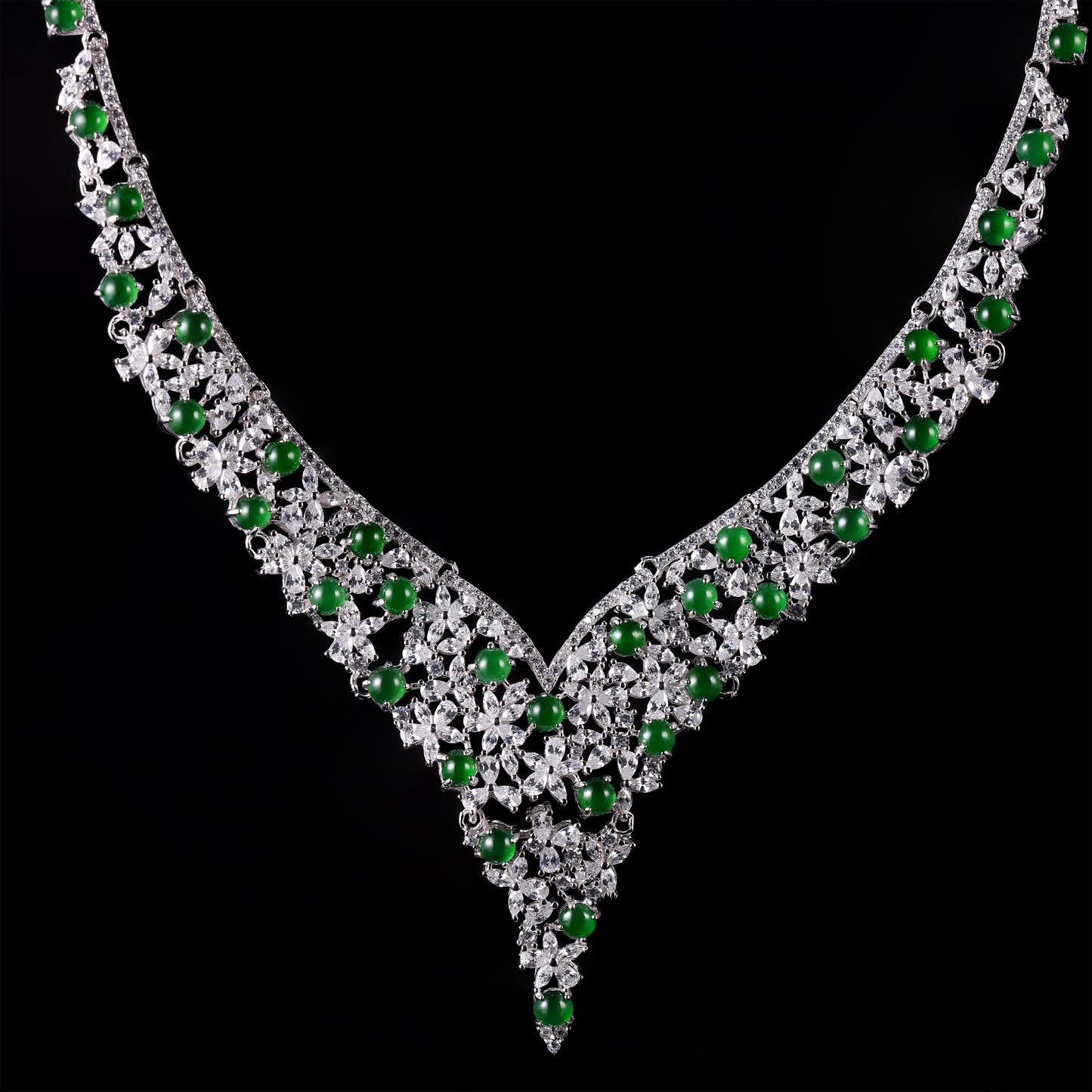 Natural Jade Cabochon & Diamond Floral V-Necklace - Grade A Natural Jade Jewelry