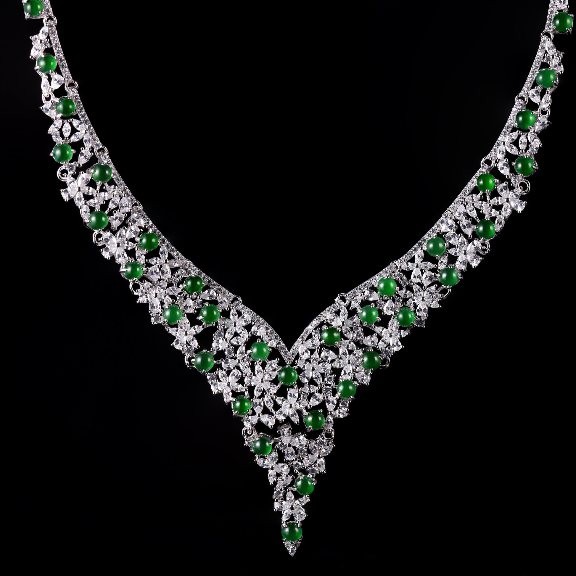 Natural Jade Cabochon & Diamond Floral V-Necklace - Grade A Natural Jade Jewelry