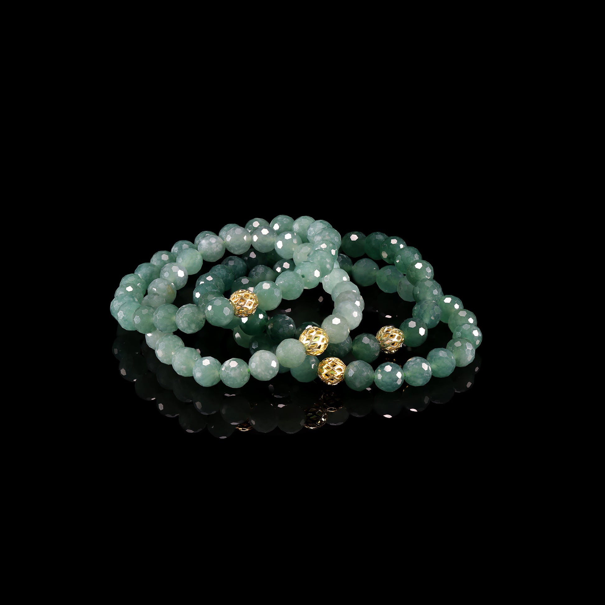 Natural Jade Faceted Bead Bracelet with Gold Filigree Accent - Certified Grade A jade bracelet from Jadelume
