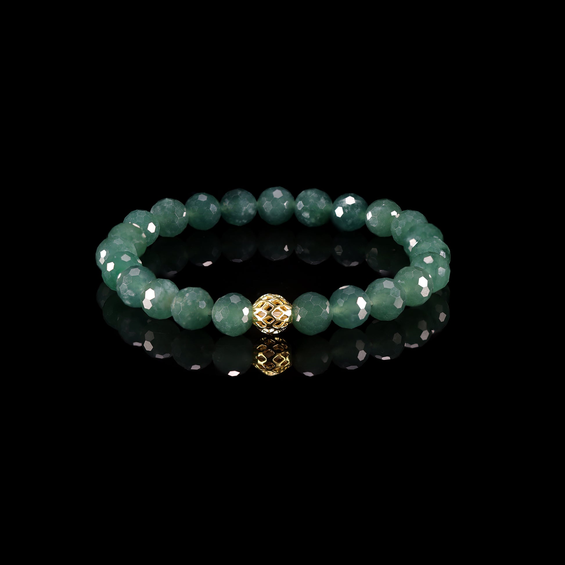 Natural Jade Faceted Bead Bracelet with Gold Filigree Accent - Grade A Natural Jade Jewelry