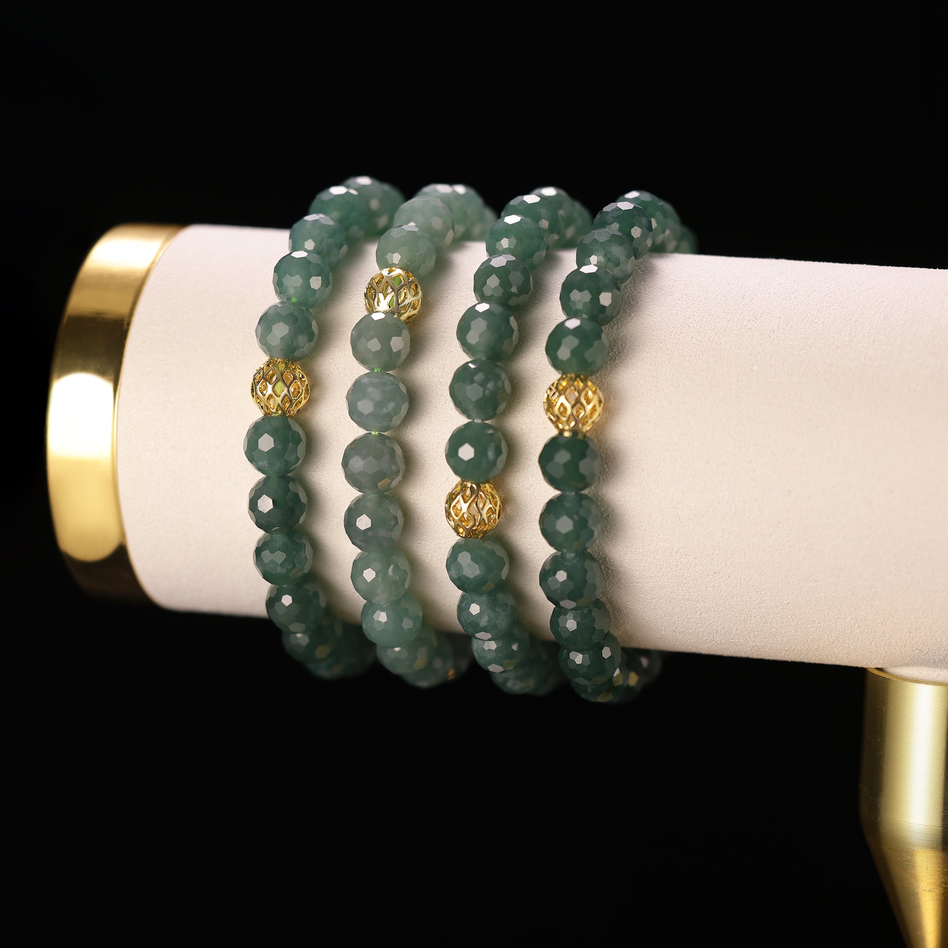 Natural Jade Faceted Bead Bracelet with Gold Filigree Accent - Grade A Natural Jade Jewelry