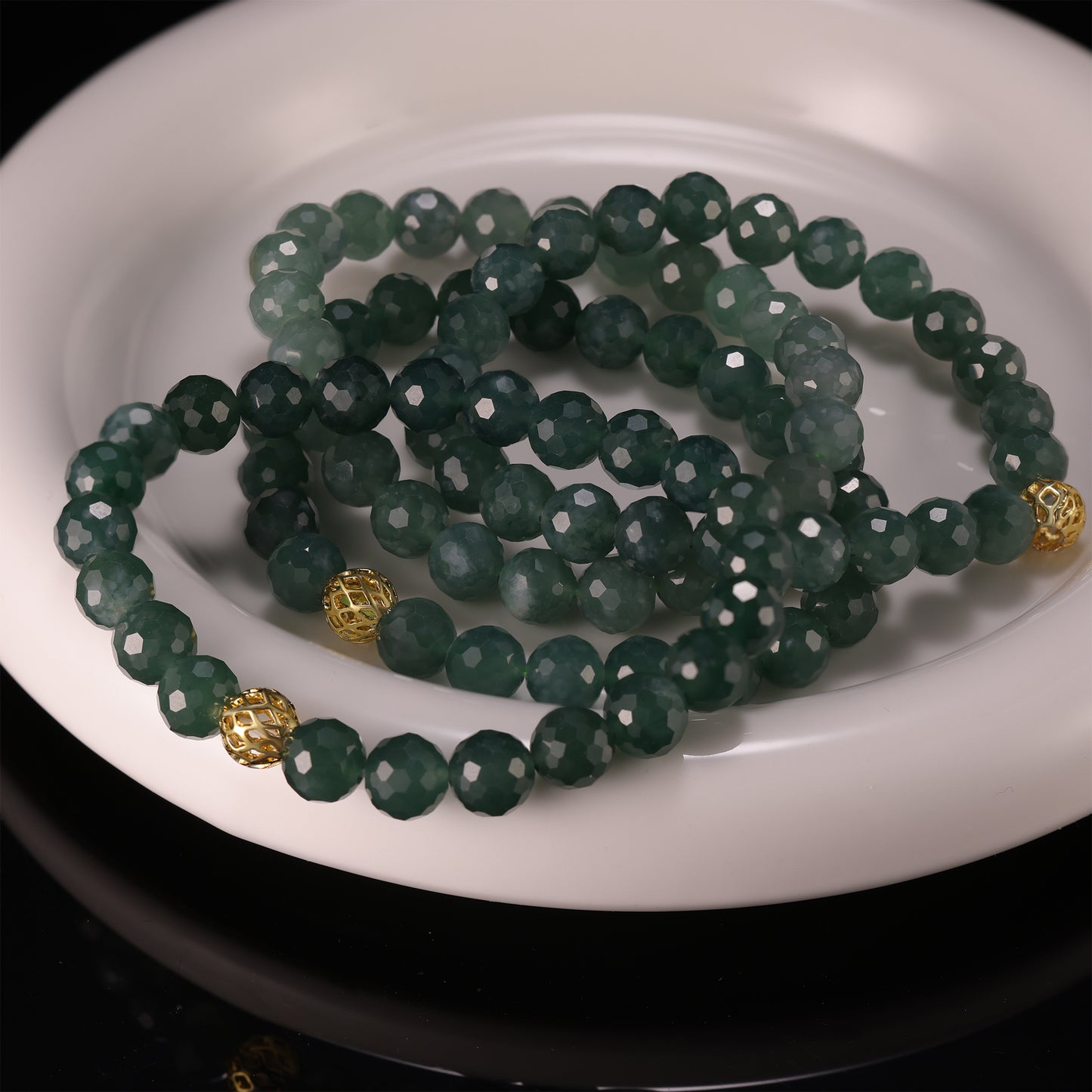 Natural Jade Faceted Bead Bracelet with Gold Filigree Accent - Grade A Natural Jade Jewelry