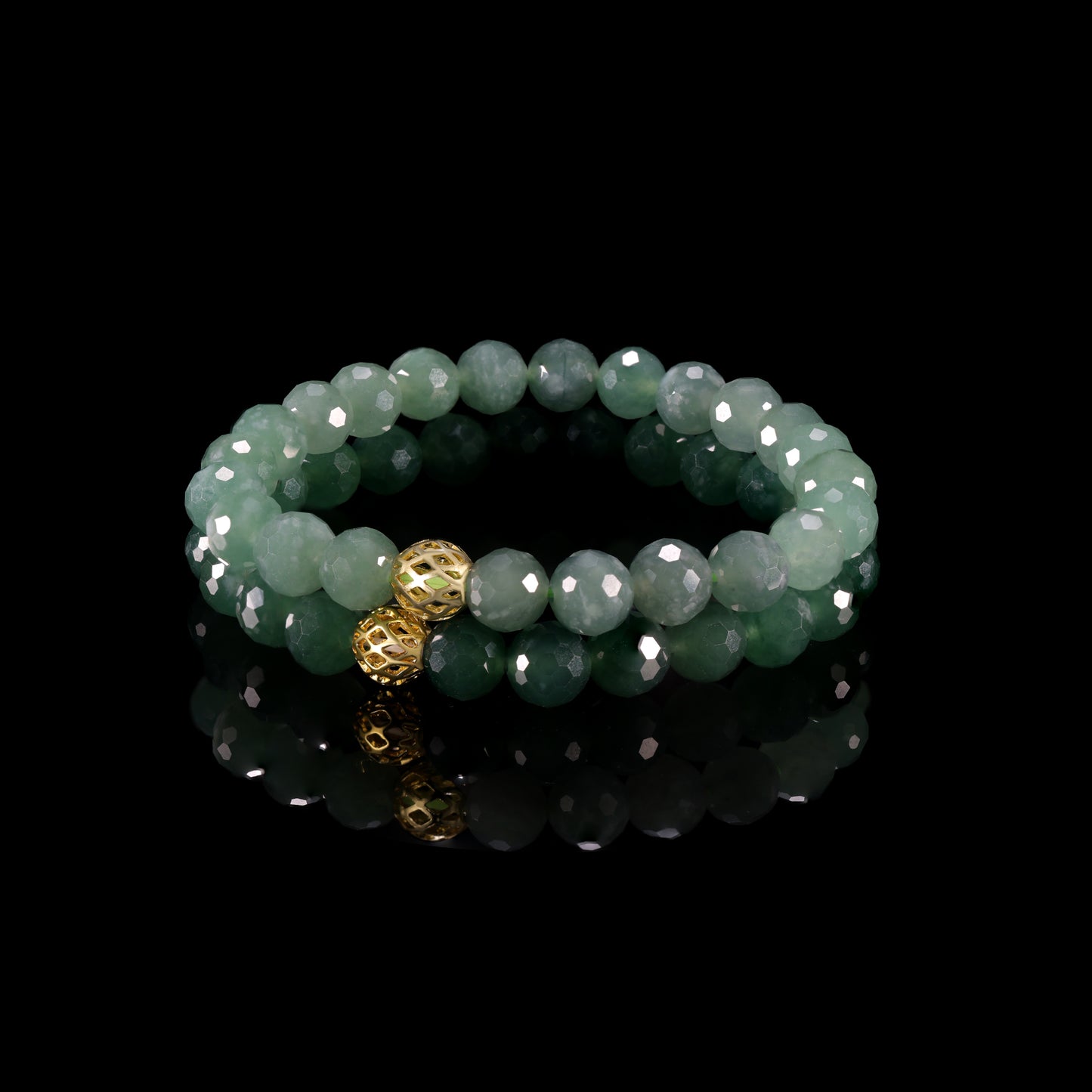 Natural Jade Faceted Bead Bracelet with Gold Filigree Accent - Grade A Natural Jade Jewelry