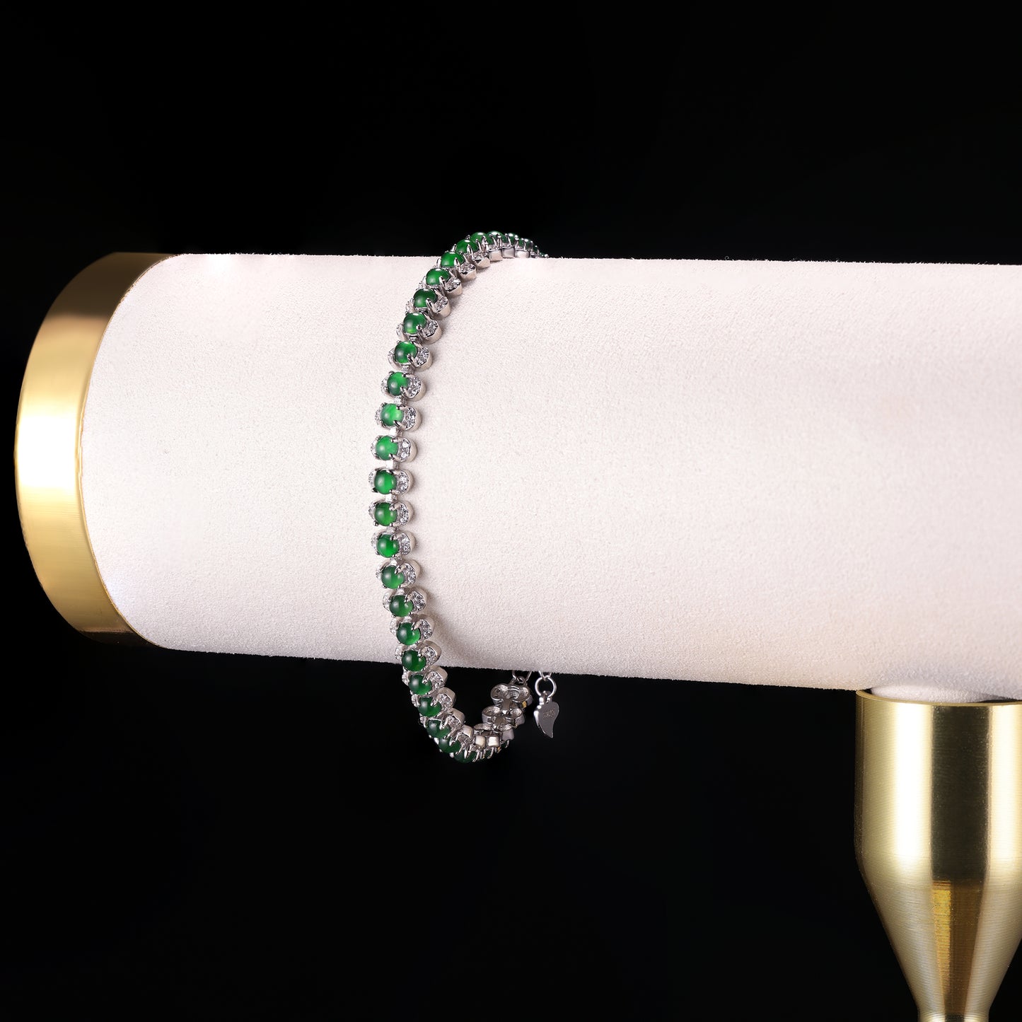 Natural Jade Cabochon & Diamond Tennis Bracelet - Grade A Natural Jade Jewelry