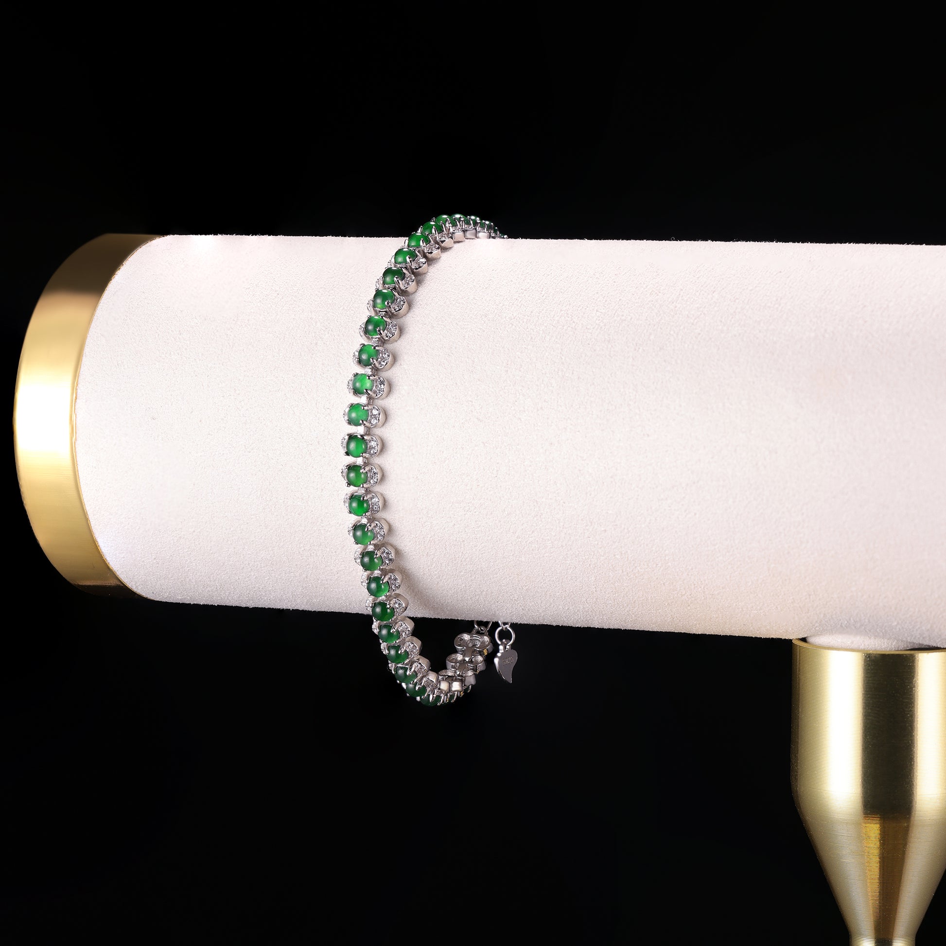 Natural Jade Cabochon & Diamond Tennis Bracelet - Grade A Natural Jade Jewelry