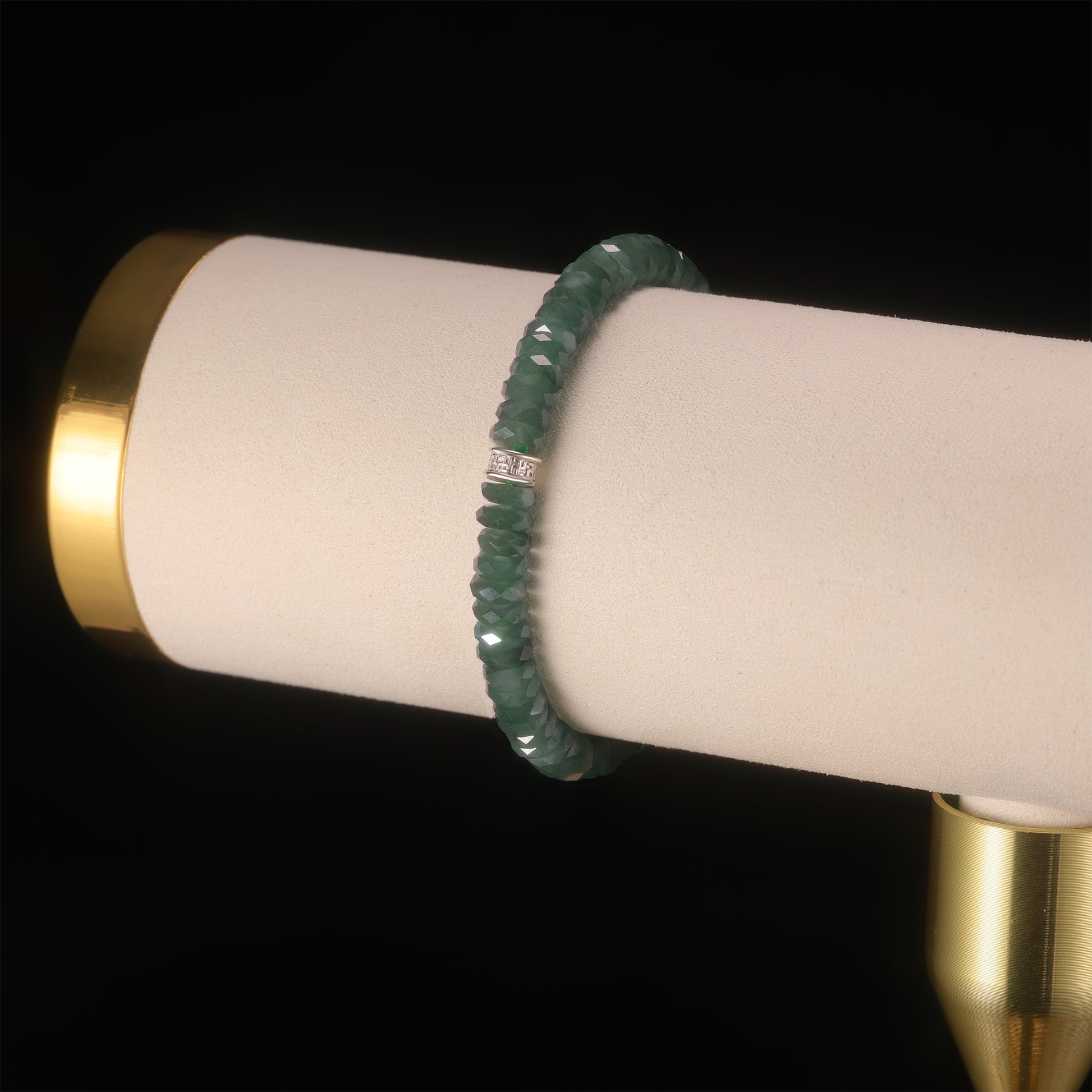 Natural Jade Faceted Rondelle Bracelet with Diamond Pavé Cylinder Clasp - Grade A Natural Jade Jewelry