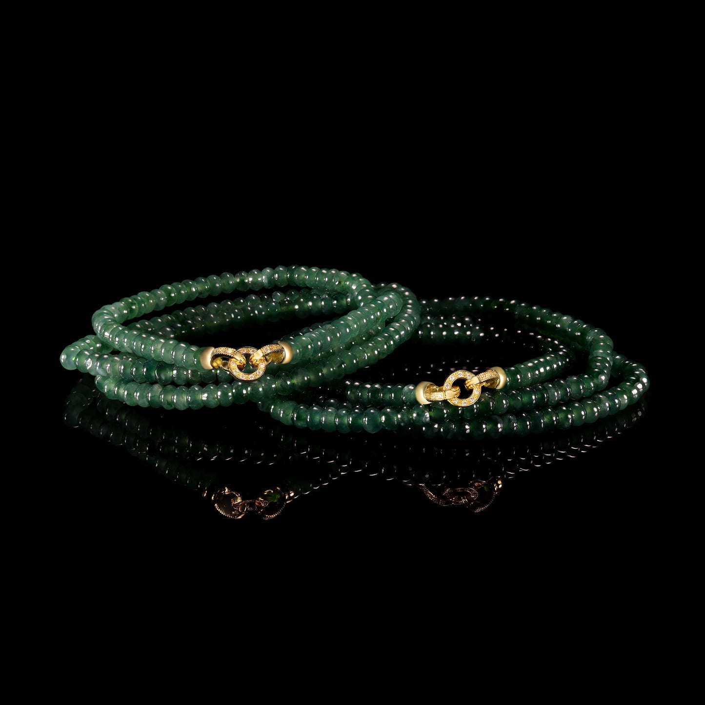 Natural Jade Rondelle Bead Long Necklace with Diamond Pavé Gold Clasp - Grade A Natural Jade Jewelry