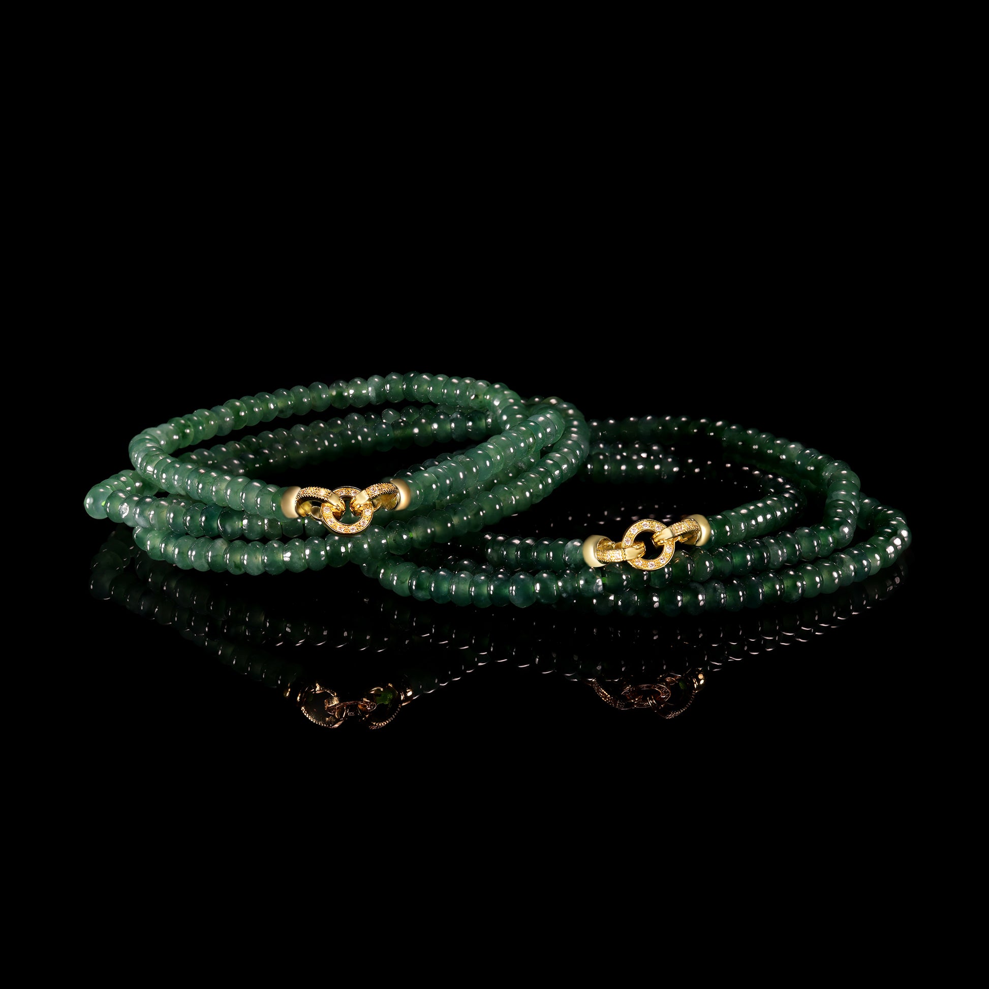 Natural Jade Rondelle Bead Long Necklace with Diamond Pavé Gold Clasp - Grade A Natural Jade Jewelry