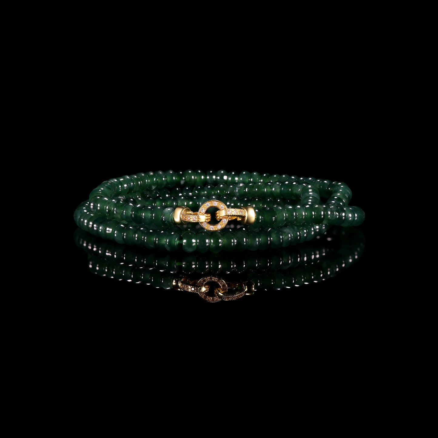 Natural Jade Rondelle Bead Long Necklace with Diamond Pavé Gold Clasp - Grade A Natural Jade Jewelry