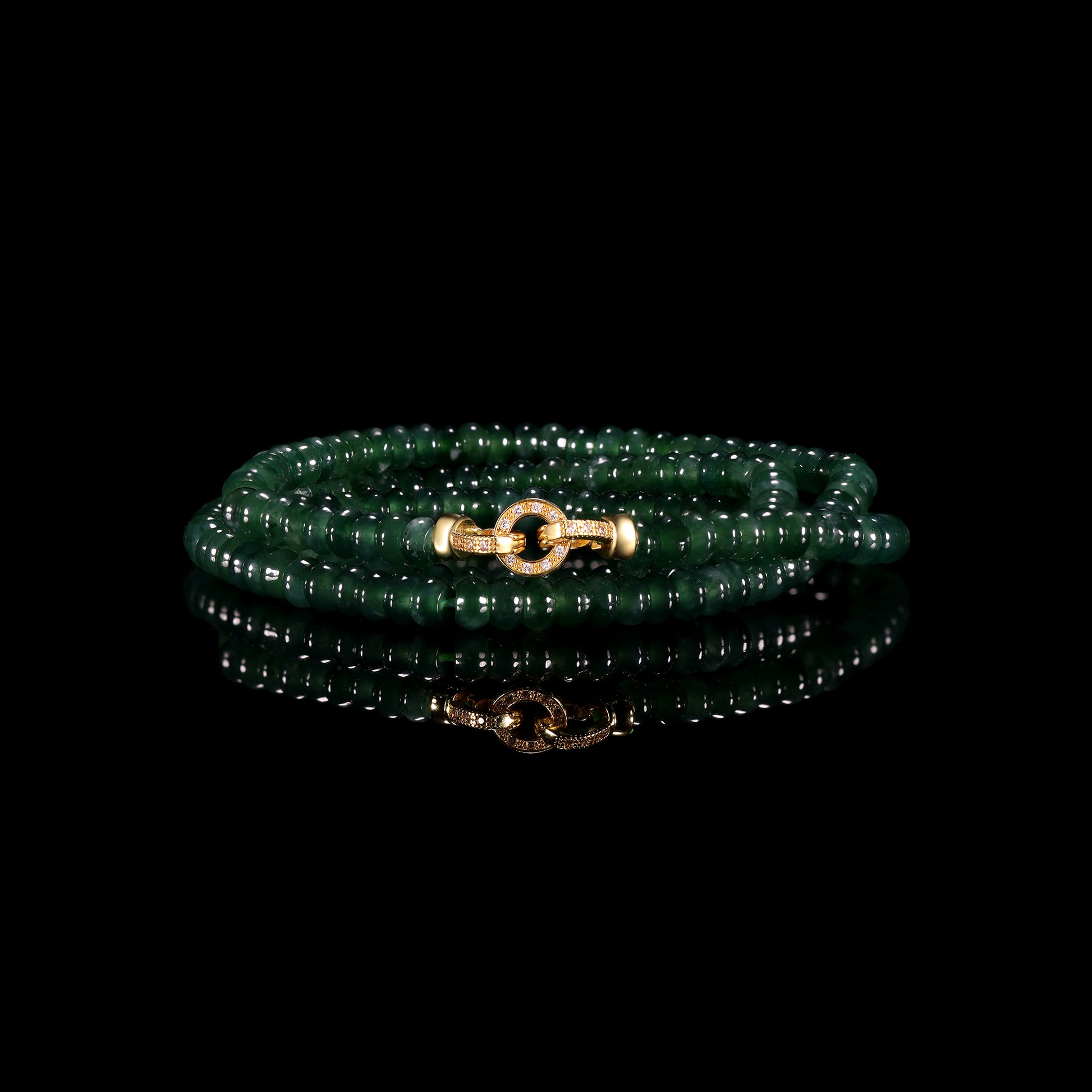 Natural Jade Rondelle Bead Long Necklace with Diamond Pavé Gold Clasp - Grade A Natural Jade Jewelry