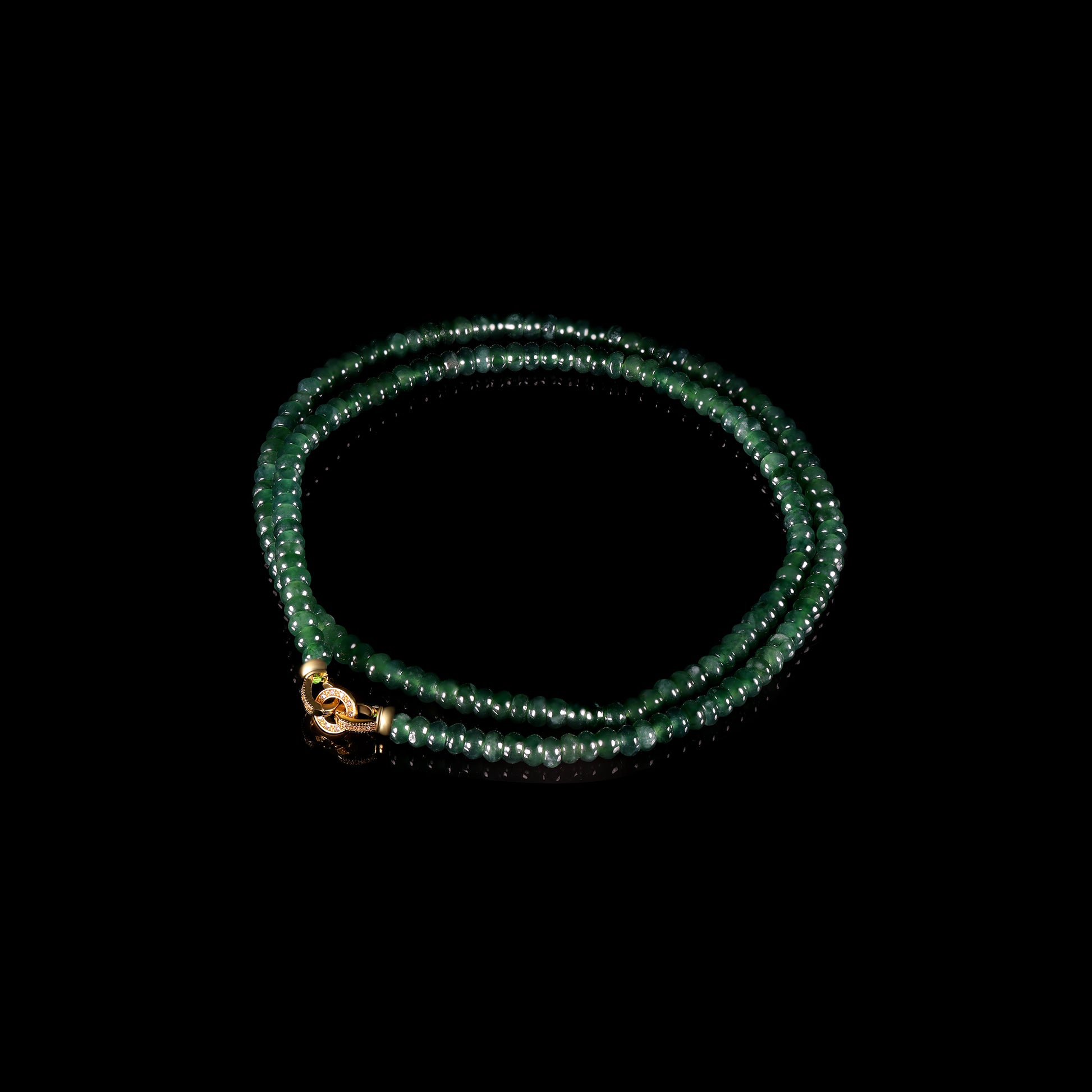 Natural Jade Rondelle Bead Long Necklace with Diamond Pavé Gold Clasp - Grade A Natural Jade Jewelry