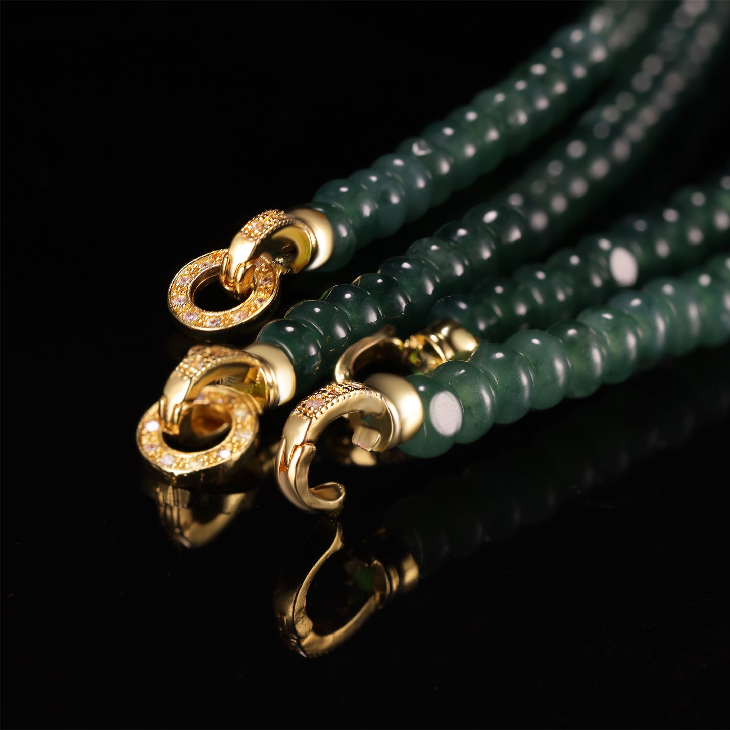 Natural Jade Rondelle Bead Long Necklace with Diamond Pavé Gold Clasp - Grade A Natural Jade Jewelry