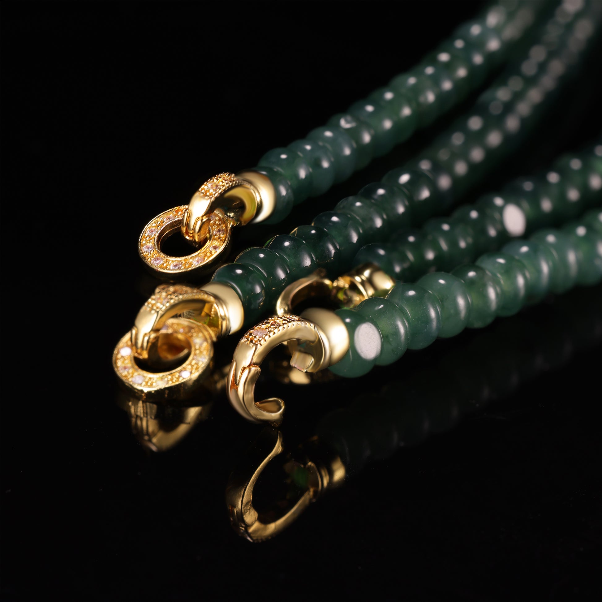 Natural Jade Rondelle Bead Long Necklace with Diamond Pavé Gold Clasp - Grade A Natural Jade Jewelry
