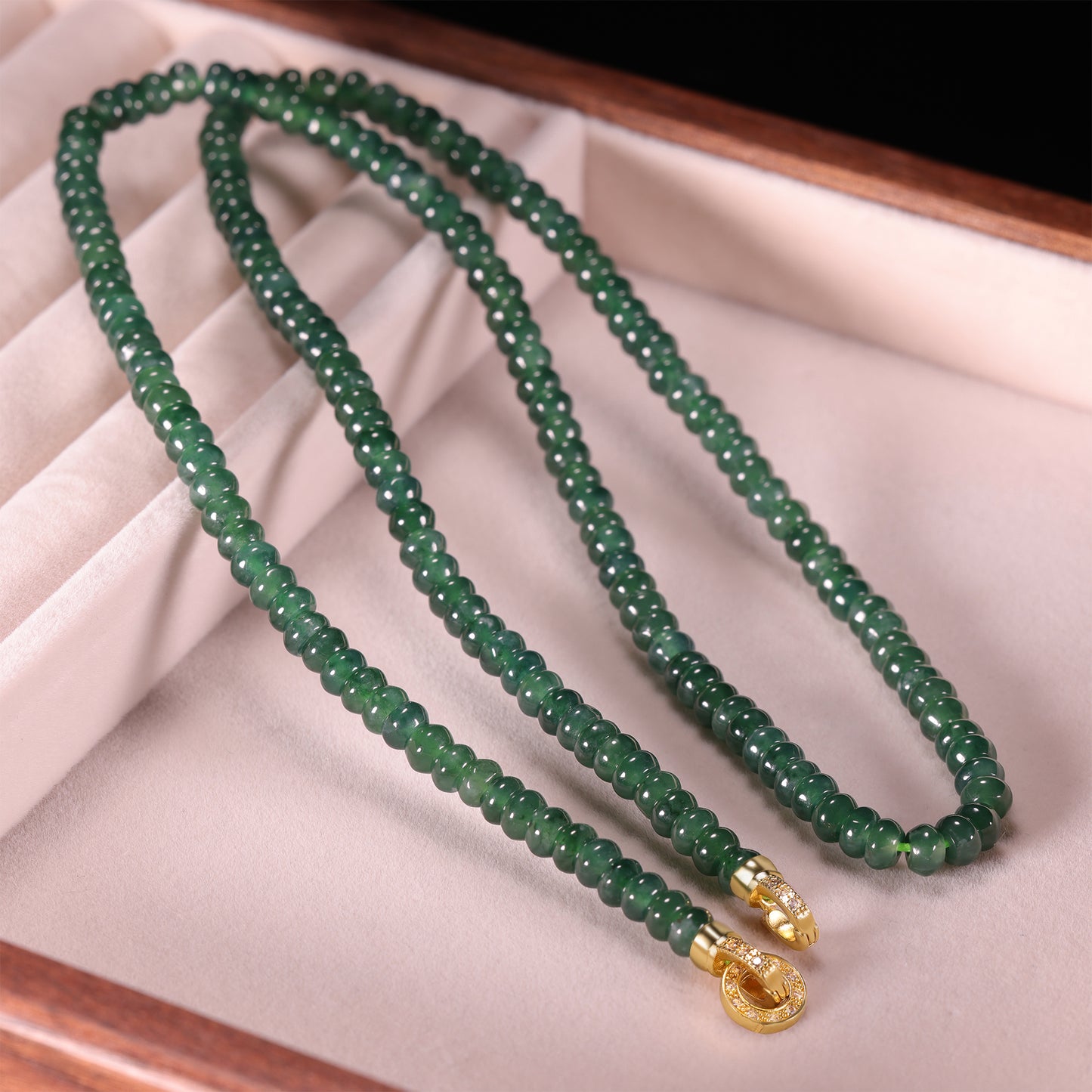 Natural Jade Rondelle Bead Long Necklace with Diamond Pavé Gold Clasp - Grade A Natural Jade Jewelry