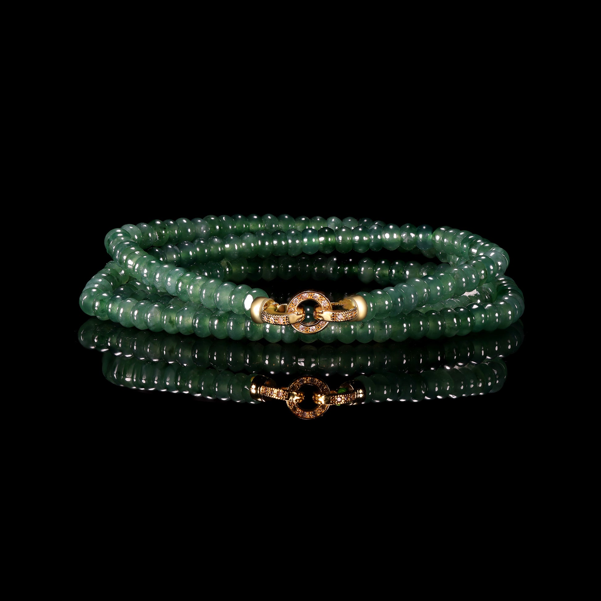 Natural Jade Rondelle Bead Long Necklace with Diamond Pavé Gold Clasp - Grade A Natural Jade Jewelry