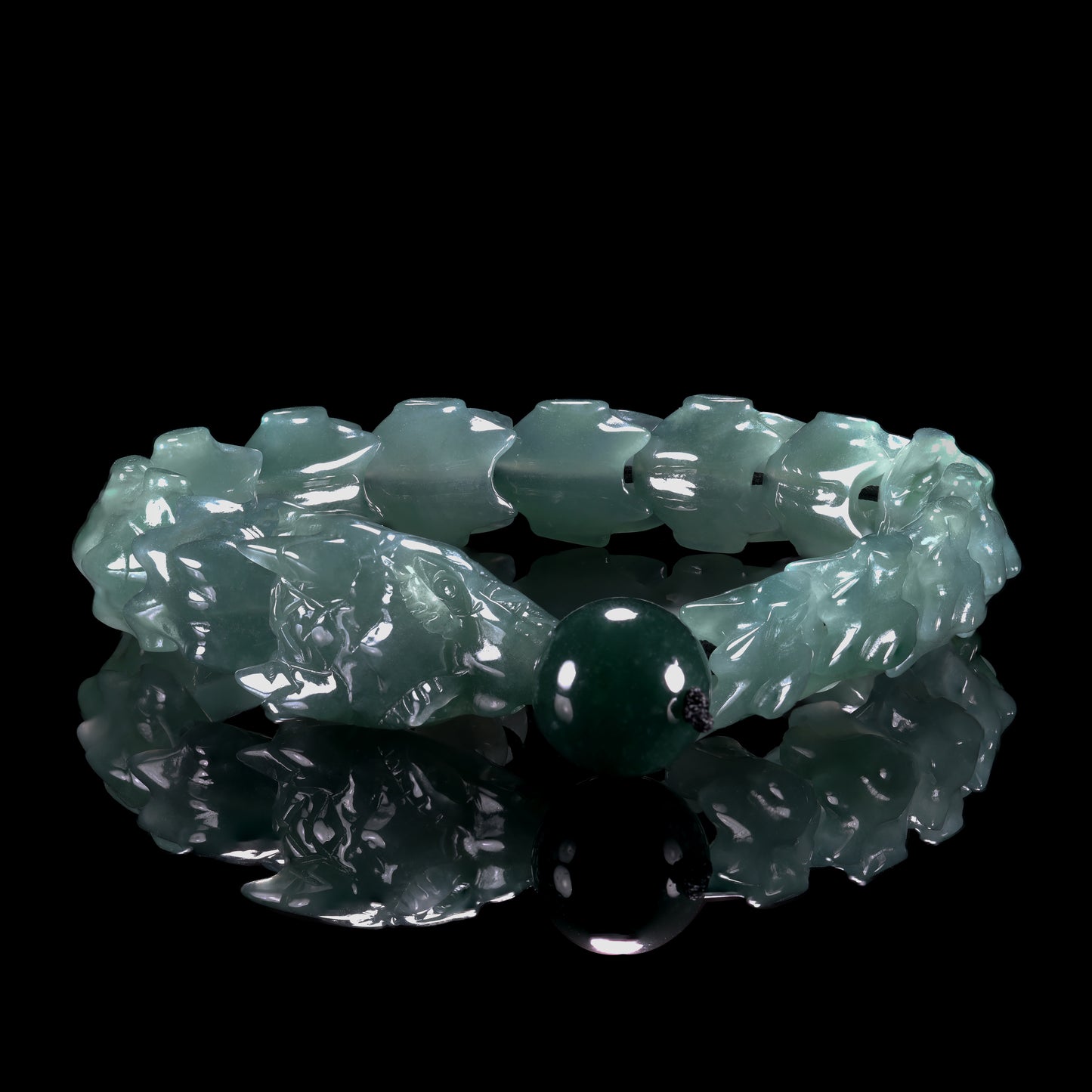 Natural Icy Jadeite Pixiu Dragon Bracelet | Multi-Segment Carved Beasts | Dark Green Jade Bead Clasp | Adjustable - Certified Grade A jade bracelet from Jadelume