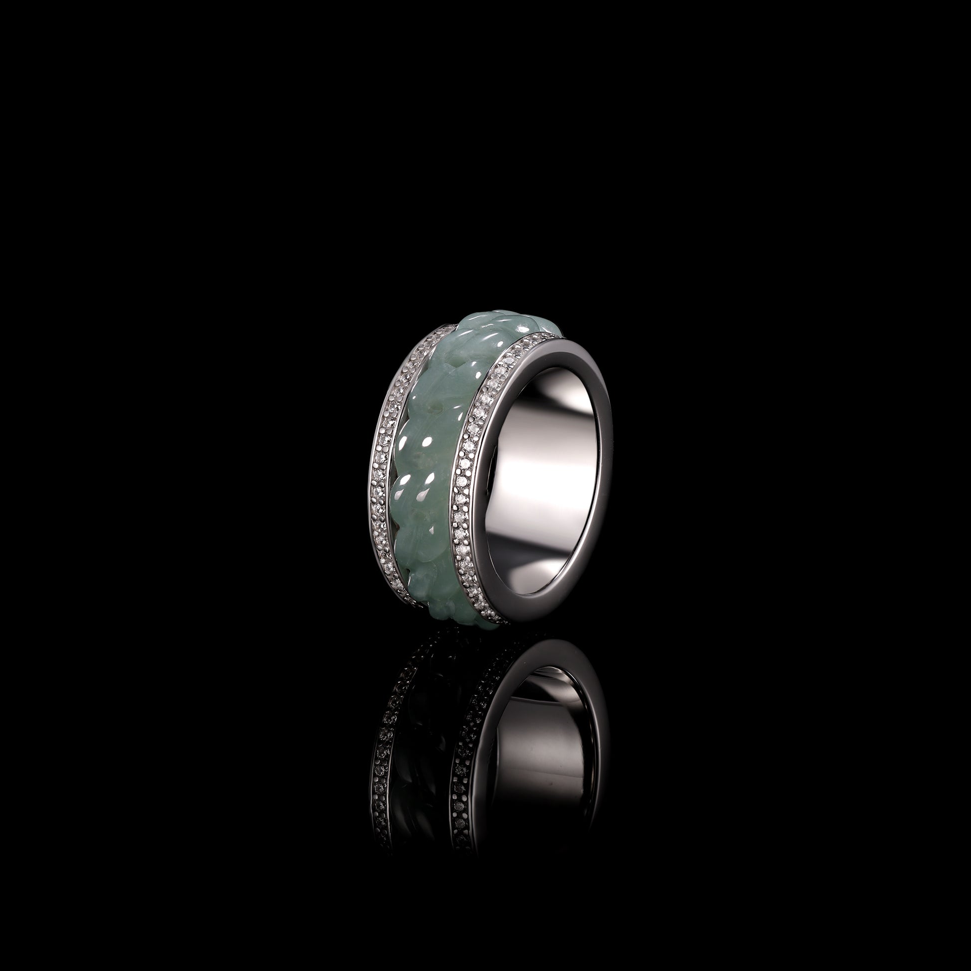 Jade & Diamond Pavé Chain-Carved Wide Band Ring - Certified Grade A jade ring from Jadelume