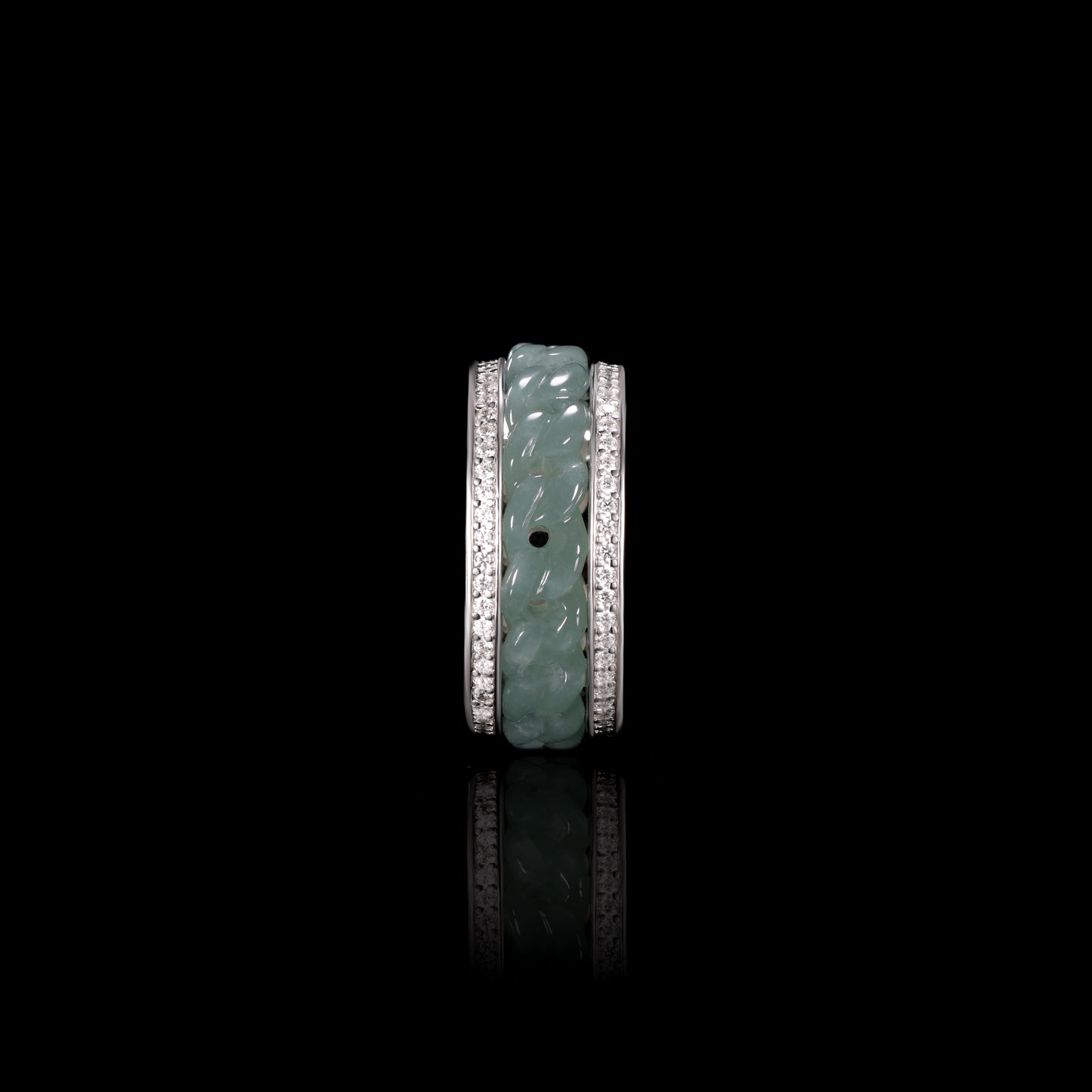 Jade & Diamond Pavé Chain-Carved Wide Band Ring - Grade A Natural Jade Jewelry