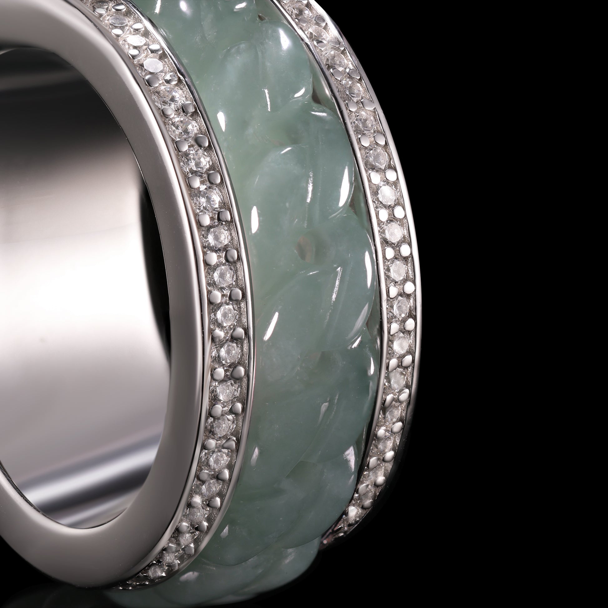 Jade & Diamond Pavé Chain-Carved Wide Band Ring - Grade A Natural Jade Jewelry
