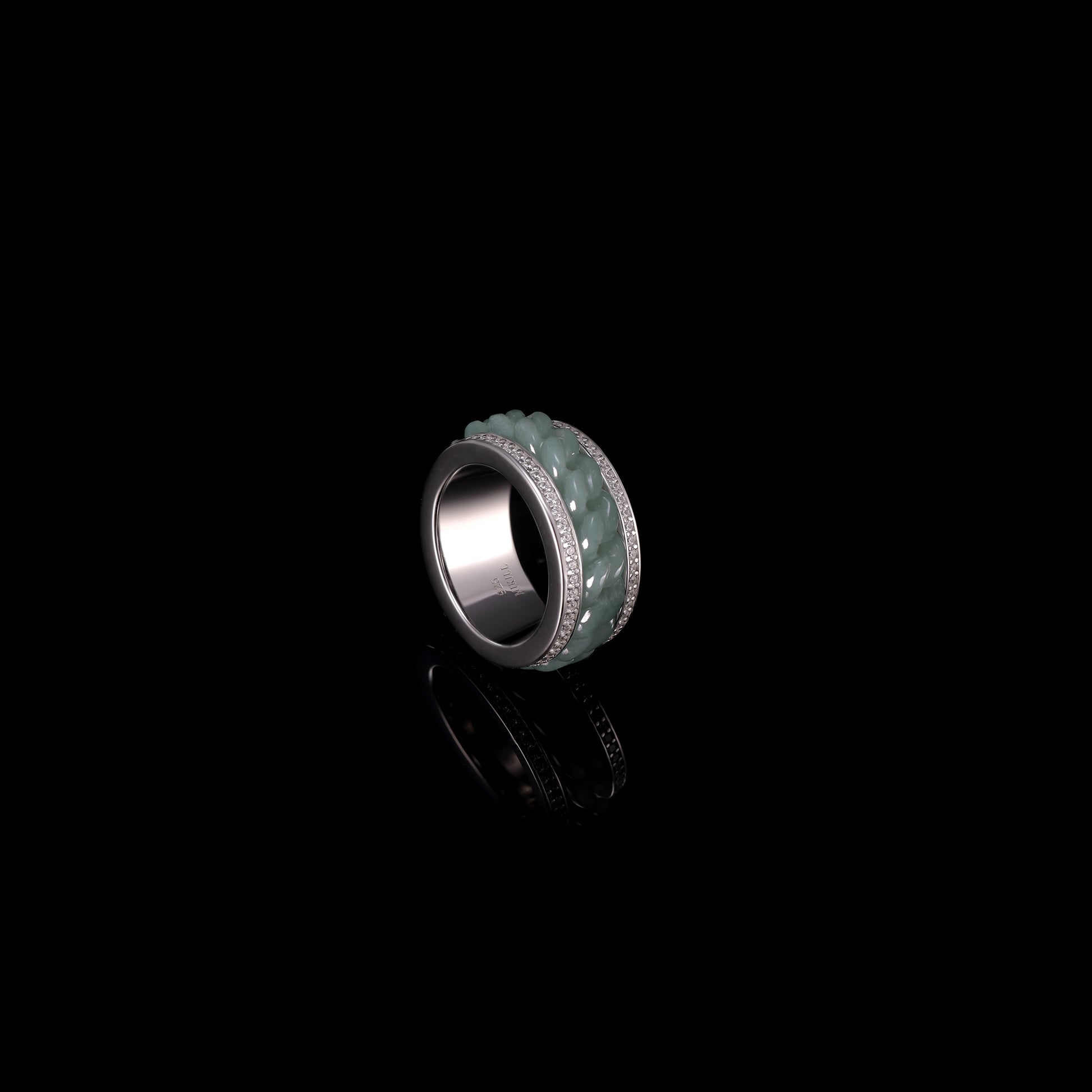 Jade & Diamond Pavé Chain-Carved Wide Band Ring - Grade A Natural Jade Jewelry