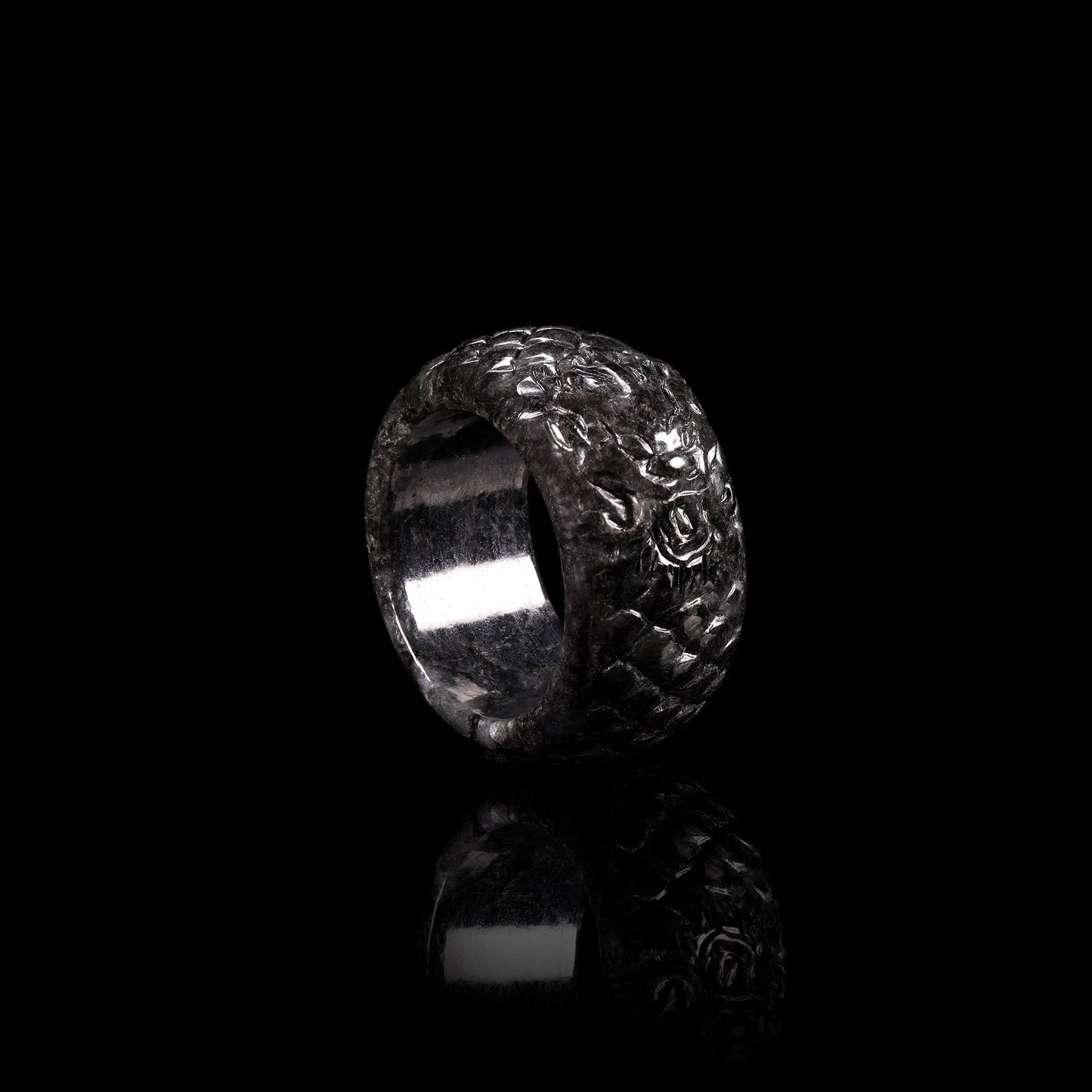 Black Jade Full-Bloom Floral Wide Band Ring - Grade A Natural Jade Jewelry