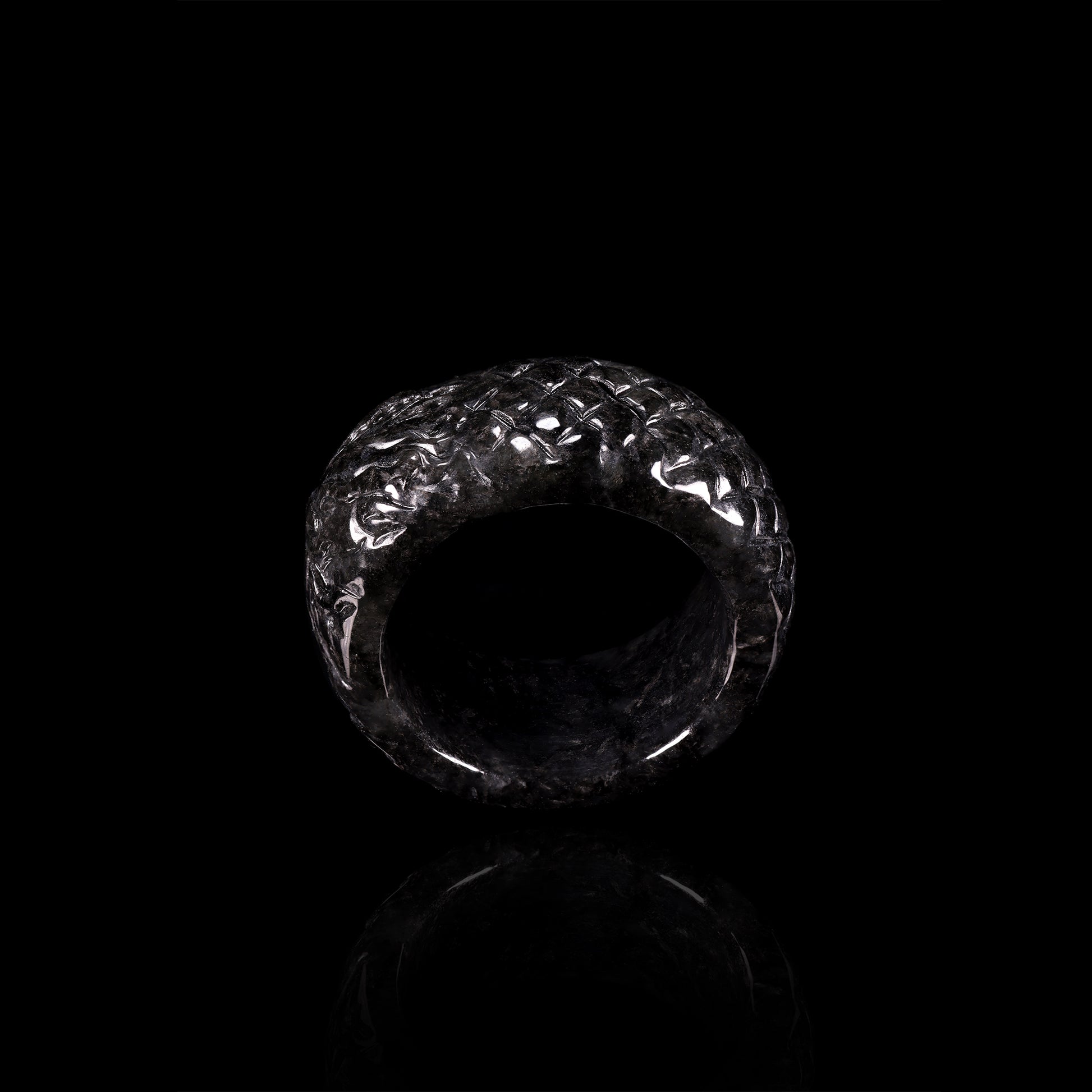 Black Jade Full-Bloom Floral Wide Band Ring - Certified Grade A jade ring from Jadelume